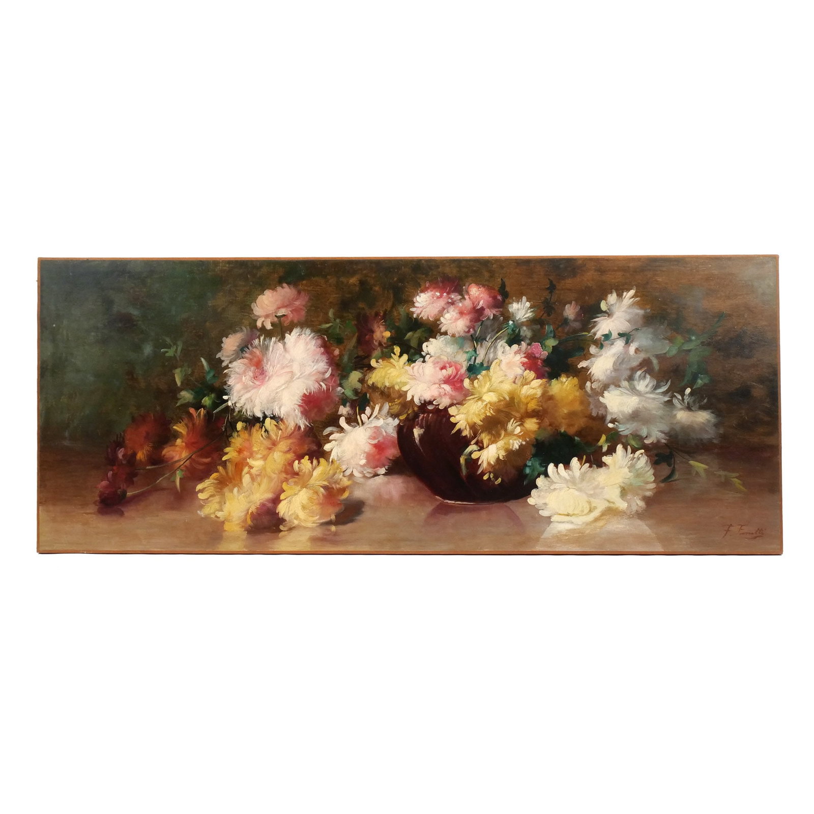 FREDERICK FENETTY (Canadian/American, 1854-1915): A Splay of Peonies Oil on canvas h. 18 w. 45 in. Signed lower right, lacking frame Provenance: Descent through a prominent Greenwich, CT doctor's estate [In Situ Item] This item will not be on