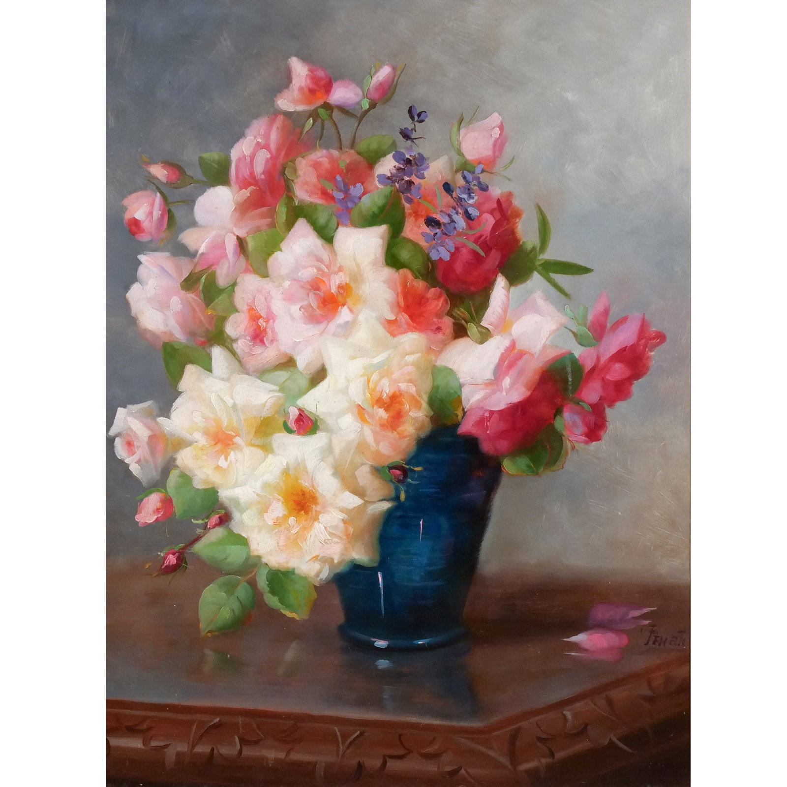 FREDERICK FENETTY (Canadian/American, 1854-1915): Garden Flowers Oil on board h. 24 w. 18 in. Signed lower right, titled on plaque overall: 28-1/2 x 22-1/2 in. (framed) Provenance: Descent through a prominent Greenwich, CT doctor's estate