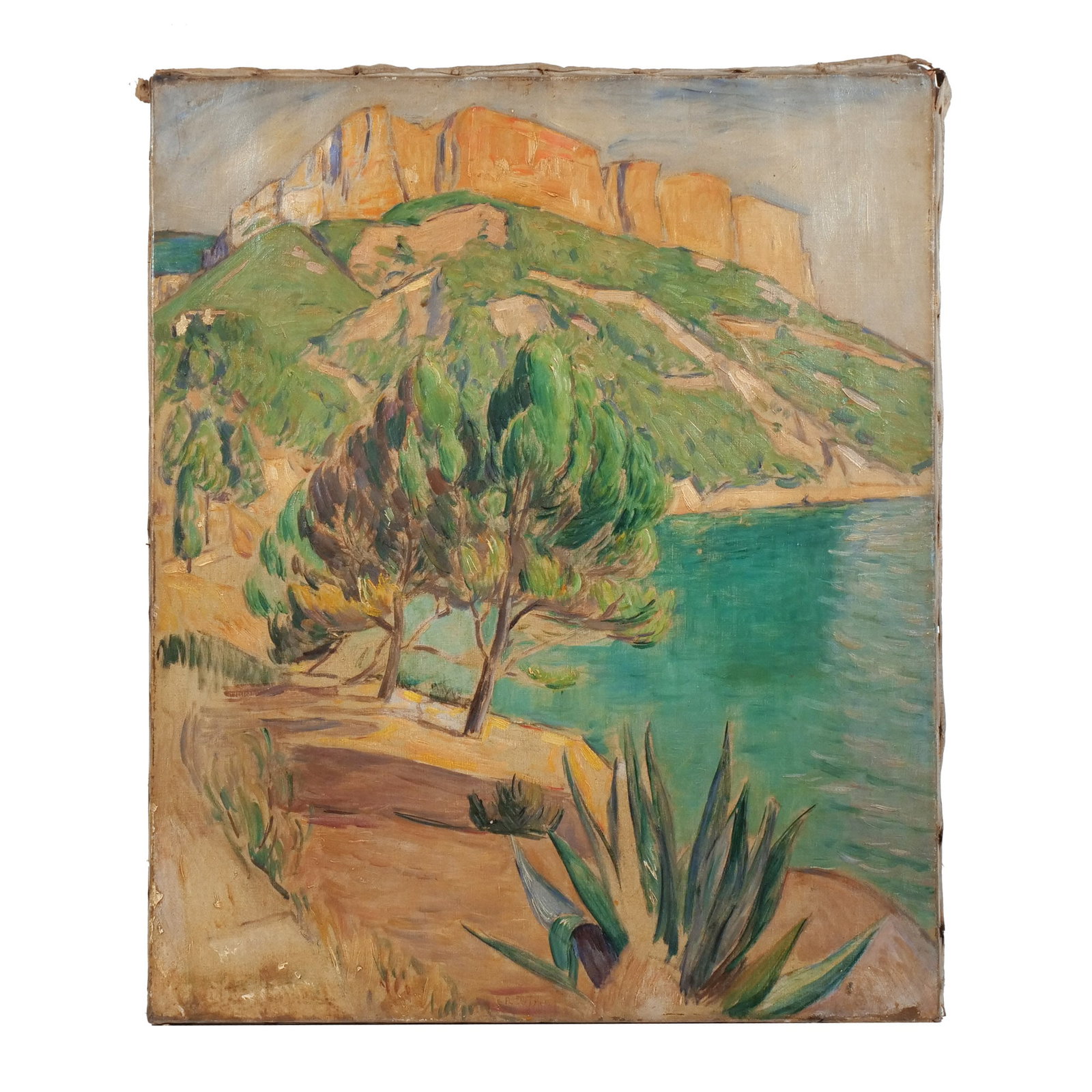 (Attrib.) ACHILLE-EMILE OTHON FRIESZ (1879-1949): Mediterranean landscape Oil on canvas h. 25-1/2 w. 21-1/4 in. Signed 'R. Dufy' lower middle and on stretcher; canvas signed (and crossed out) 'E. Friesz'. Possibly an early, collaborative work