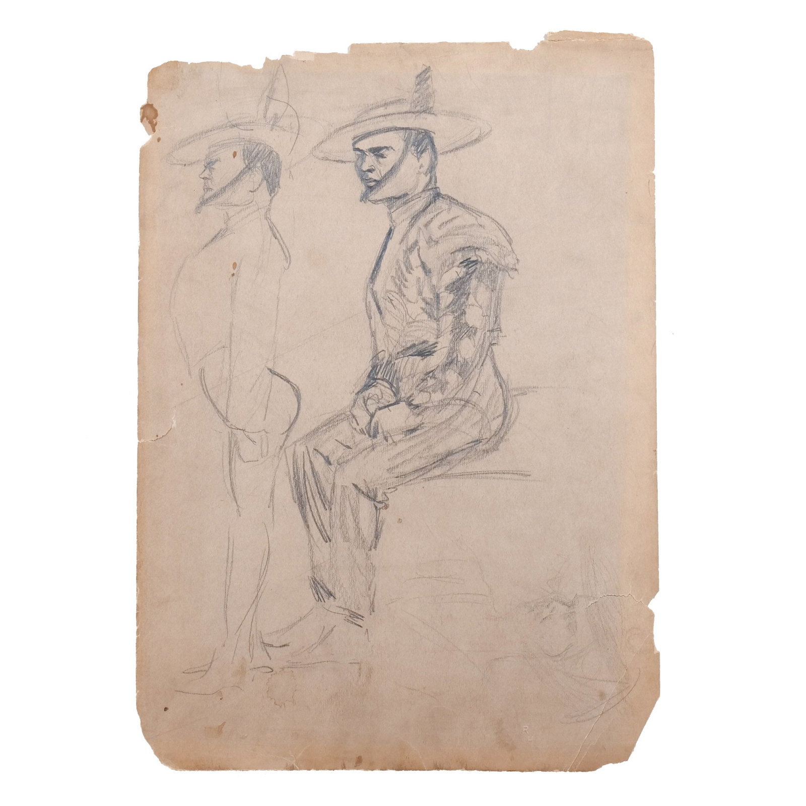 ROBERT HENRI (American, 1865-1929): Two Spanish Men Pencil on paper h. 14-1/2 w. 10-1/4 in. (sheet) With embossed estate stamp 'RH' lower margin, framed overall: 22-1/2 x 18-3/4 in. (framed) Provenance: Nardin Gallery, South Salem, NY (