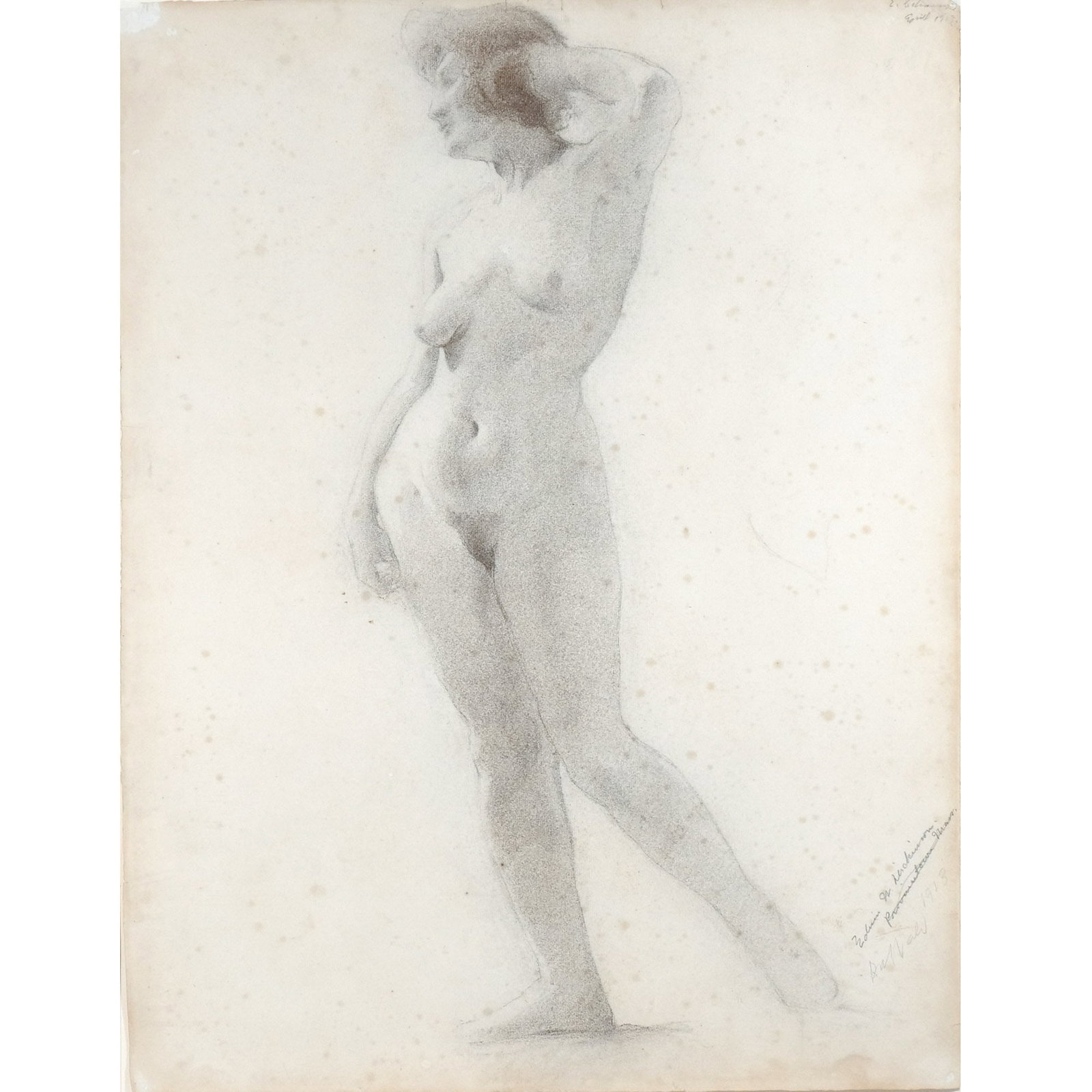 EDWIN WALTER DICKINSON (American, 1891-1978): Full-length Female Nude, 1913 Charcoal on paper h. 24-1/2 w. 18-3/4 in. (sheet) Signed and dated both at upper right and lower right, estate # C17938 on lower right, framed overall: 32 x 26-1/2 in. (f