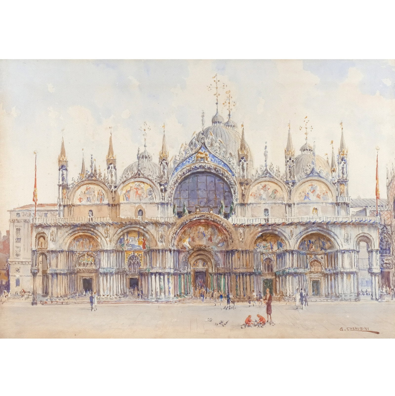 GIUSEPPE CHERUBINI (Italian, 1867-1960): The Basilica San Marco, Venice Watercolor on paper h. 20 w. 27-1/4 in. (sight) Signed lower right, framed overall: 21-1/2 x 29-1/2 in. (framed) Provenance: The estate of noted artist and author Edward