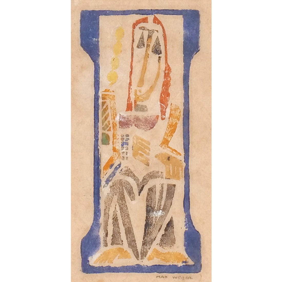 MAX WEBER (American, 1881-1961): Seated Figure, 1919-1920 Woodcut in colors h. 4-3/4 w. 2-1/2 in. (sight) Signed lower margin, with exhibition label from the Jewish Museum on verso, framed. (Rubenstein 2013, no. 17) overall: 13-1/2 x