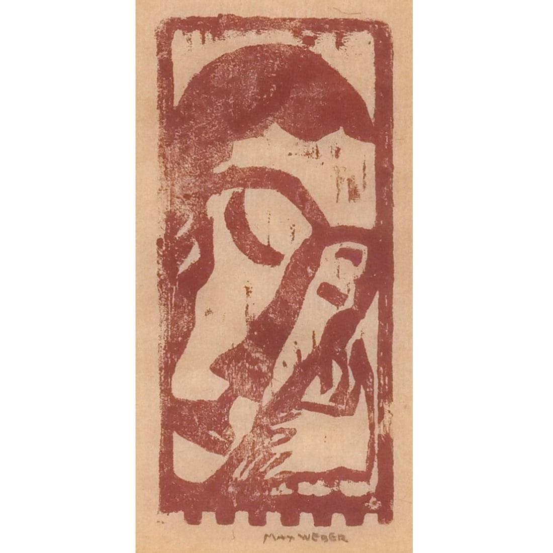 MAX WEBER (American, 1881-1961): Head, 1919-1920 Woodcut in brown ink h. 4-3/4 w. 2-3/4 in. (sight) On laid paper, signed lower margin, with note from the artist on verso dated 1954, framed. (Rubenstein 2013, no. 21) overall: 13-1/2 