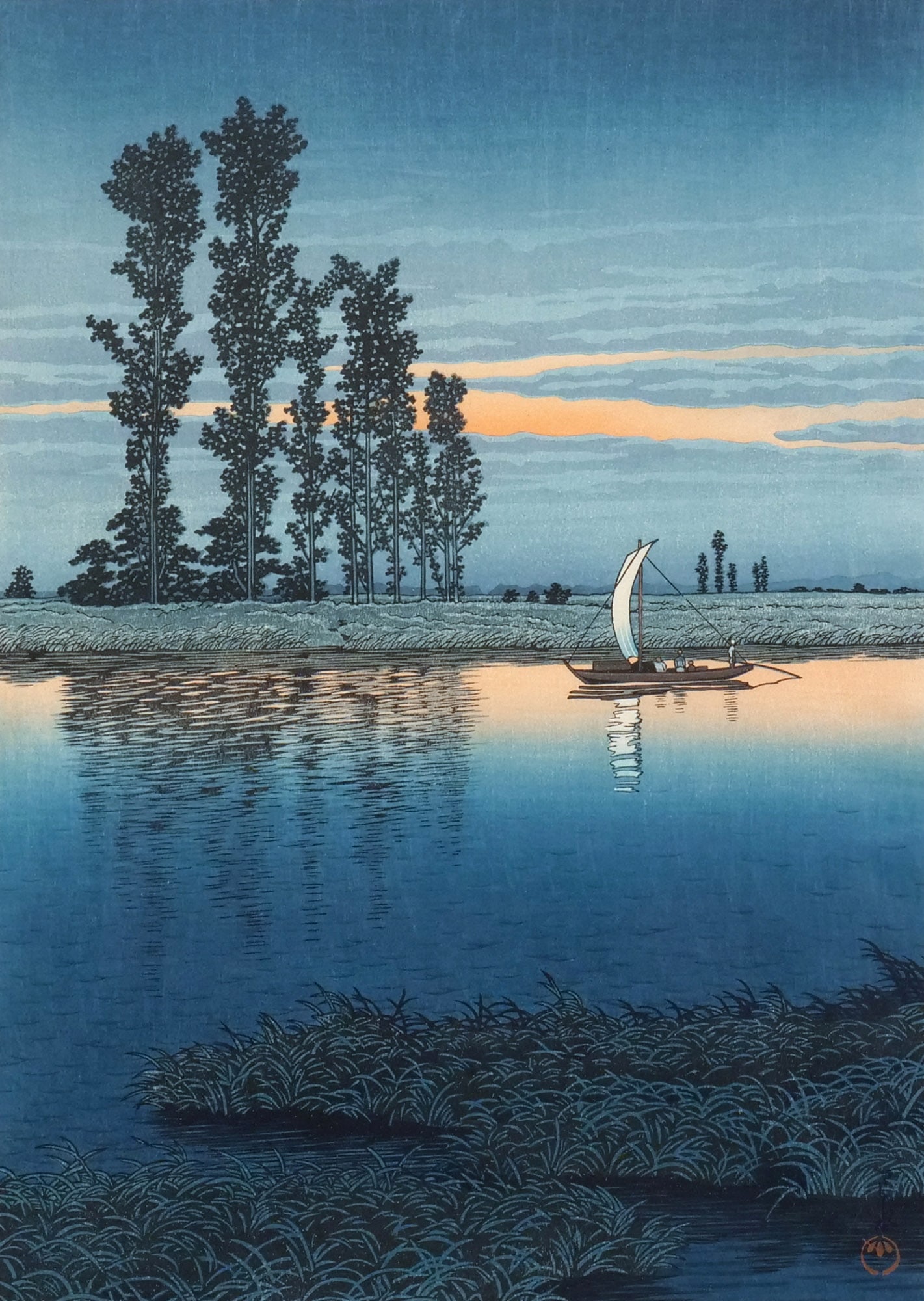 KAWASE HASUI (Japanese, 1883-1957): Evening at Ushibori (Ushibori no yugure) Woodblock print, vertical oban h. 15 w. 11 in. Published by Sakai-Kawaguchi (Sakai Shokichi and Kawaguchi Jiro) overall: 20-3/4 x 16 in. (framed) Provenance: D