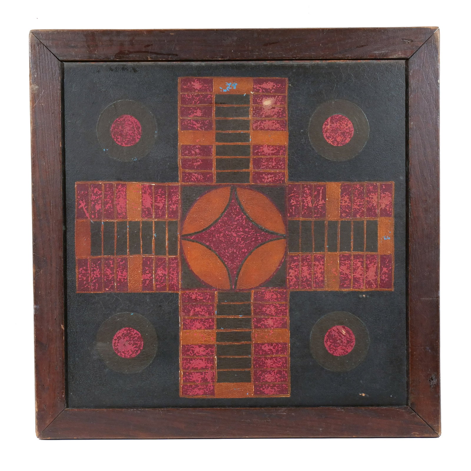 ANTIQUE PARCHEESI GAMEBOARD: Early 20th century, painted in red and yellow on a green ground h. 22-5/8 w. 22-5/8 in. overall: 27 x 27 in. (with surround) Provenance: Private collection, Bernardsville, NJ [In Situ Item] This item 