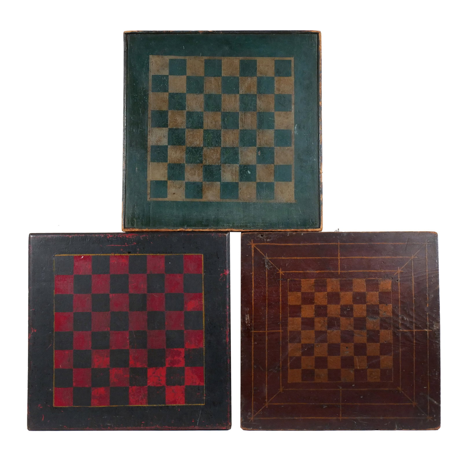 (3pc) ANTIQUE CHECKERED GAME BOARDS: Late 19th / early 20th centuries, all with old surfaces and molded frame h. 16-5/8 w. 16-3/8 in. Provenance: Private collection, Bernardsville, NJ [In Situ Item] This item will not be on display in ou