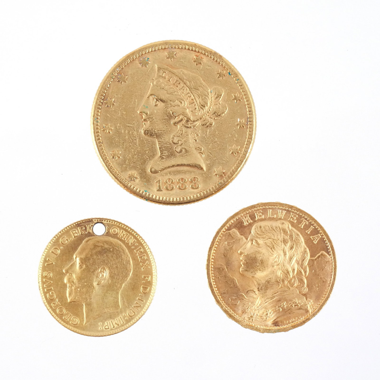 (3pc) MISC. GOLD COINS: Including an 1888 Liberty Head $10 .900 gold coin, 16.6 g; a 1927 Swiss 20 Francs .900 gold coin, 6.4 g; and a 1914 George V 22k gold sovereign, 3.9 g Provenance: The estate of a noted architect and b