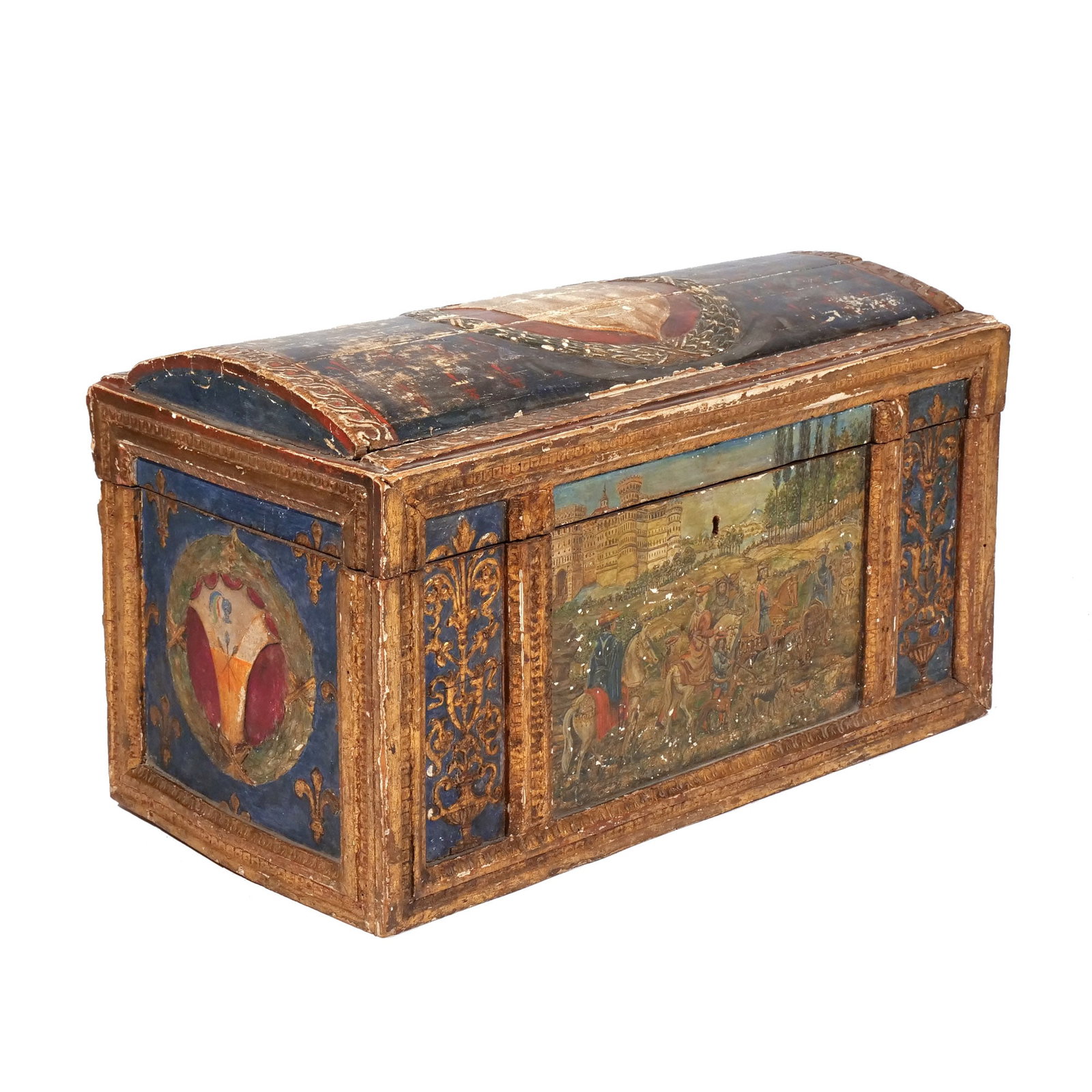 ITALIAN CARVED & COMPOSITION GILT STORAGE TRUNK: Late 19th/early 20th century, with polychrome Medieval Renaissance painted scenes h. 16-1/4 w. 15-1/4 d. 28-3/4 in. Provenance: The estate of noted artist and author Edward Giobbi (1926-2026),