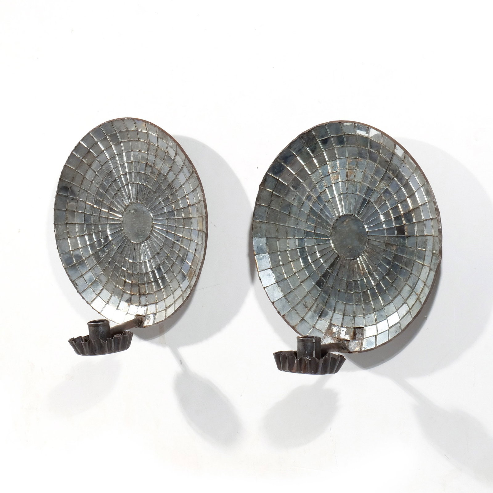PAIR ANTIQUE MIRRORED REFLECTOR SCONCES: New England, 19th century, tin with glass h. 10 w. 9-1/2 d. 6-1/2 in. Provenance: Private collection, Bernardsville, NJ [In Situ Item] This item will not be on display in our saleroom during our