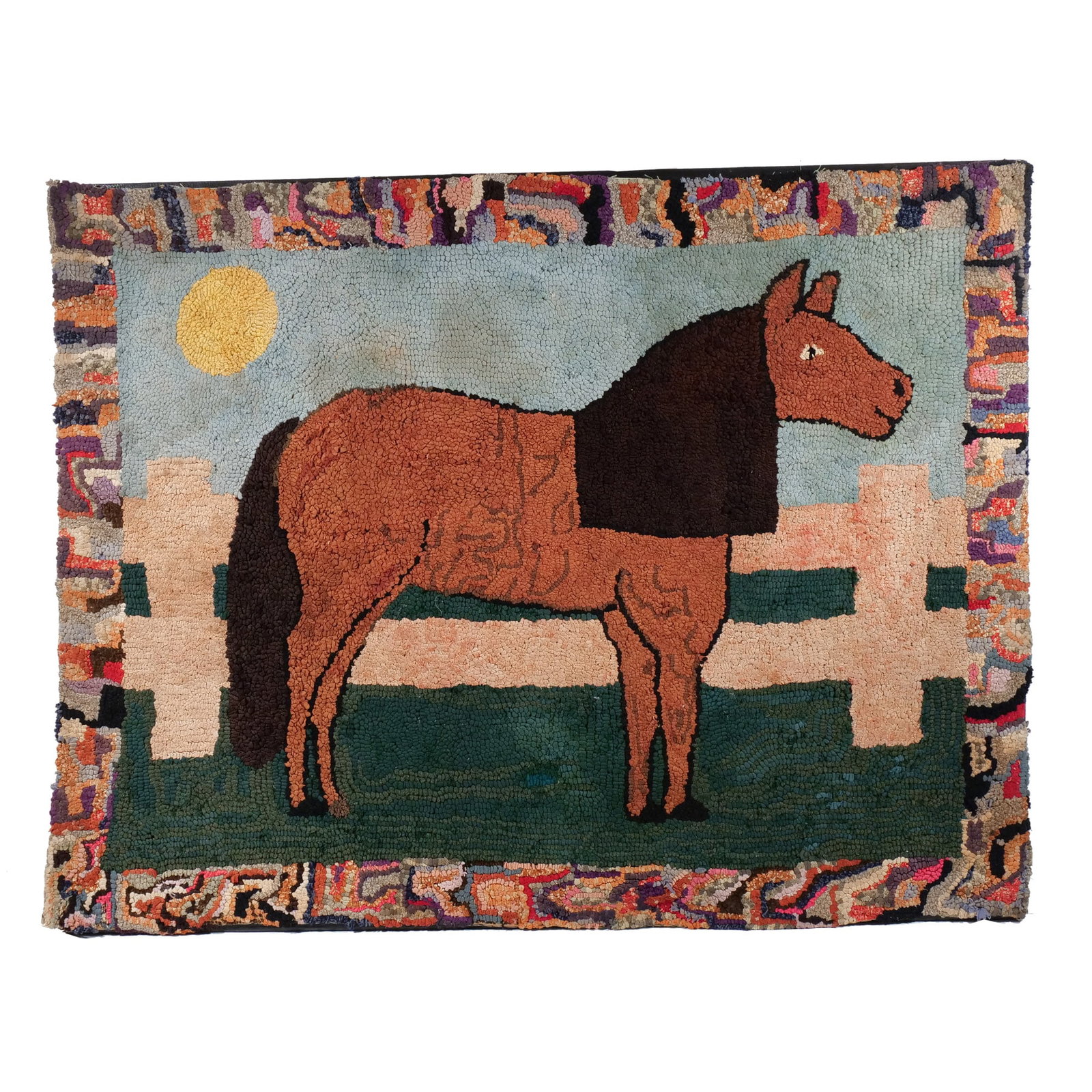 AMERICAN HOOKED RUG with HORSE: c. 1930, showing a horse in front of a white picket fence in landscape h. 34-1/2 w. 44-1/2 in. Provenance: Private collection, Bernardsville, NJ [In Situ Item] This item will not be on display in our