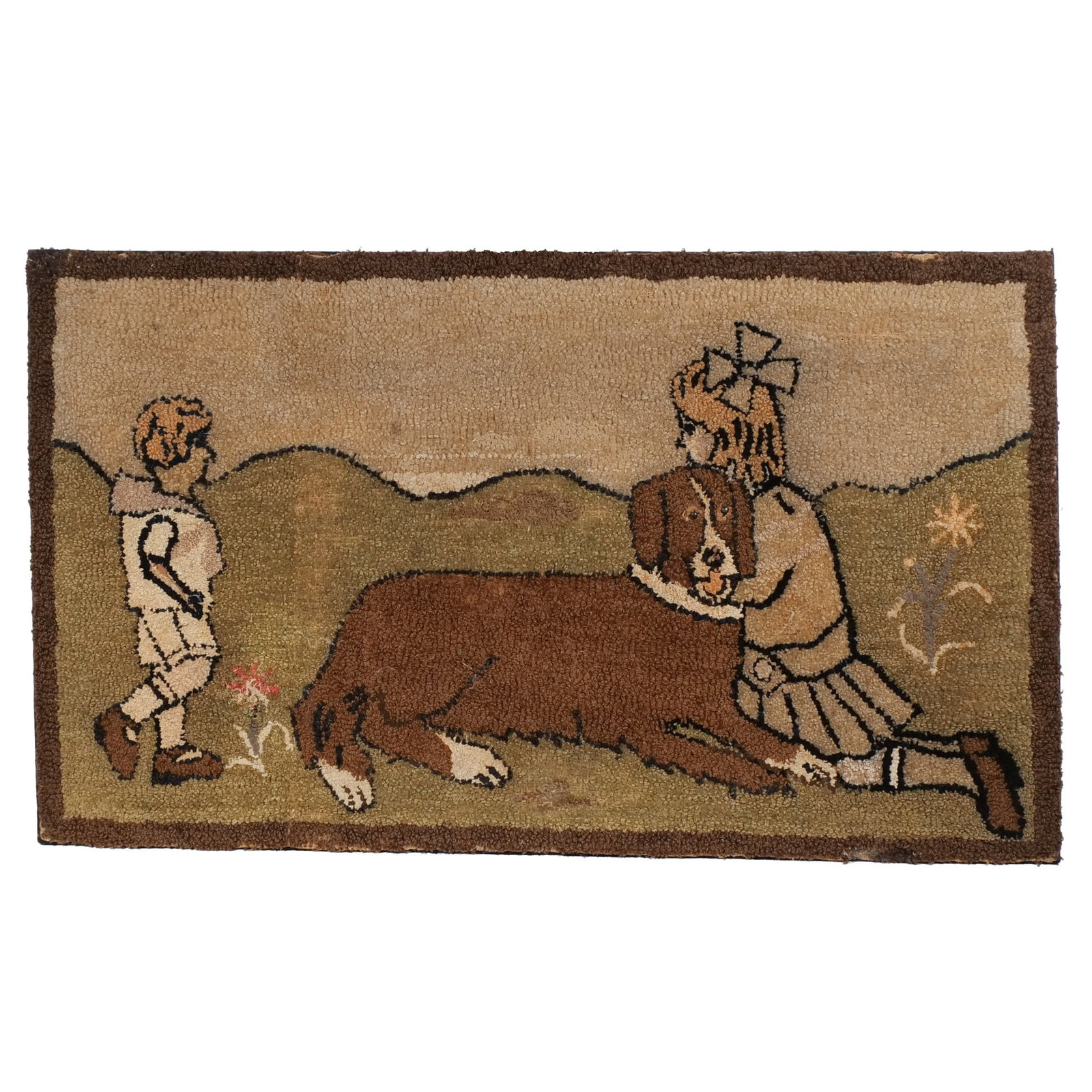 AMERICAN FOLK ART PICTORIAL HOOKED RUG: Late 19th / early 20th Century, depicting young girl hugging a dog while looking at her brother, in landscape h. 29 w. 49 in. Provenance: Private collection, Bernardsville, NJ