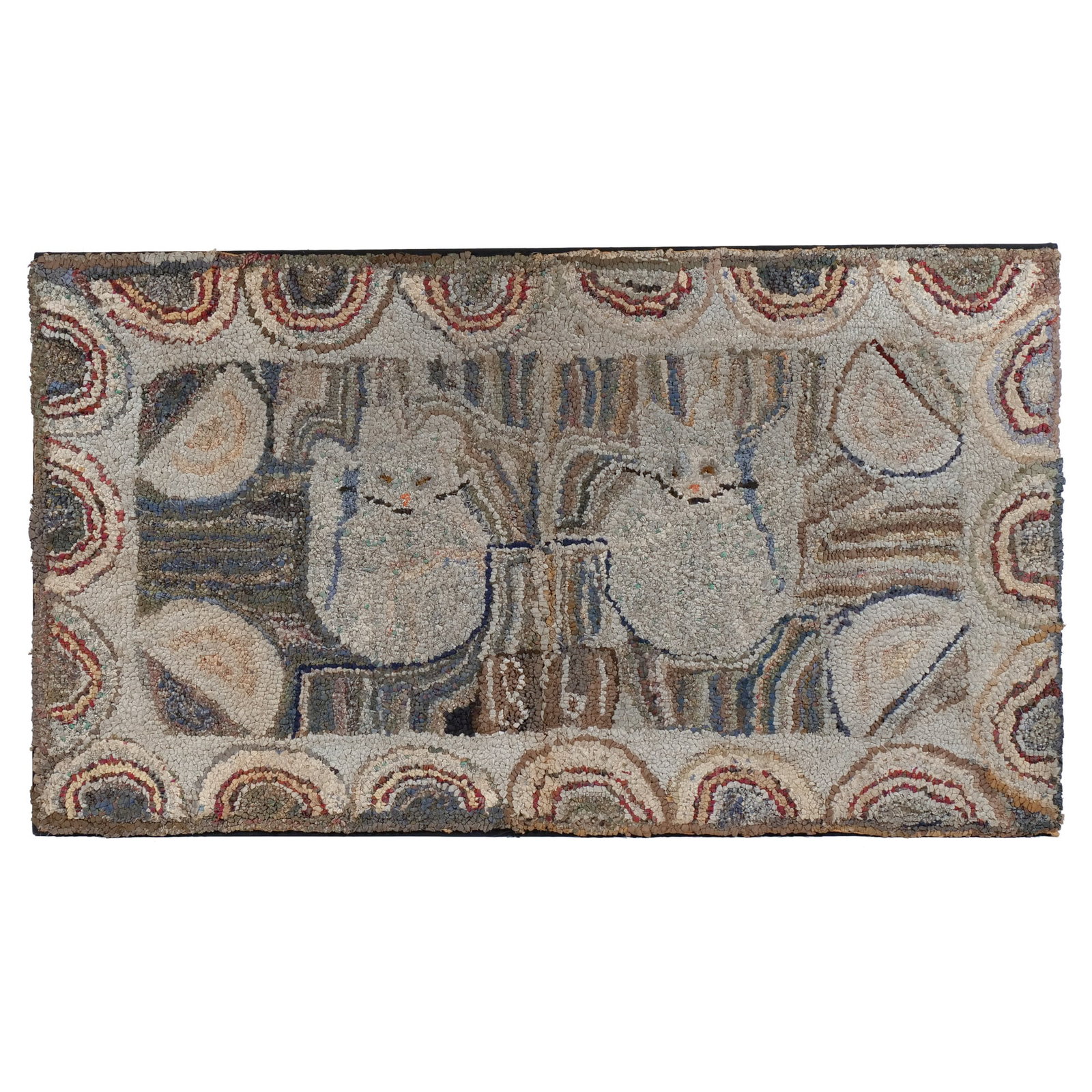AMERICAN FOLK ART HOOKED RUG with CATS: Dated 1861, showing a pair of cats within a multicolored field and above the date, with rainbow borders h. 25 w. 44-1/2 in. Provenance: Private collection, Bernardsville, NJ
