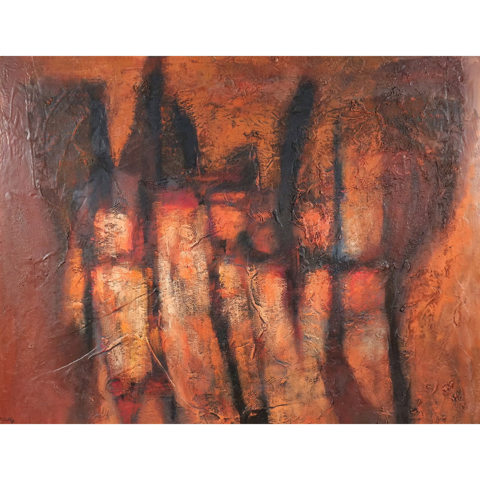 CHARLES SIBLEY (West Virginia, 1921-2005): Fire Dance Oil on masonite h. 37 w. 48 in. Signed lower left, titled on frame verso with remnant Janet Knessler Gallery New York label overall: 42 x 52-3/4 in. (framed) Provenance: The estate of a not