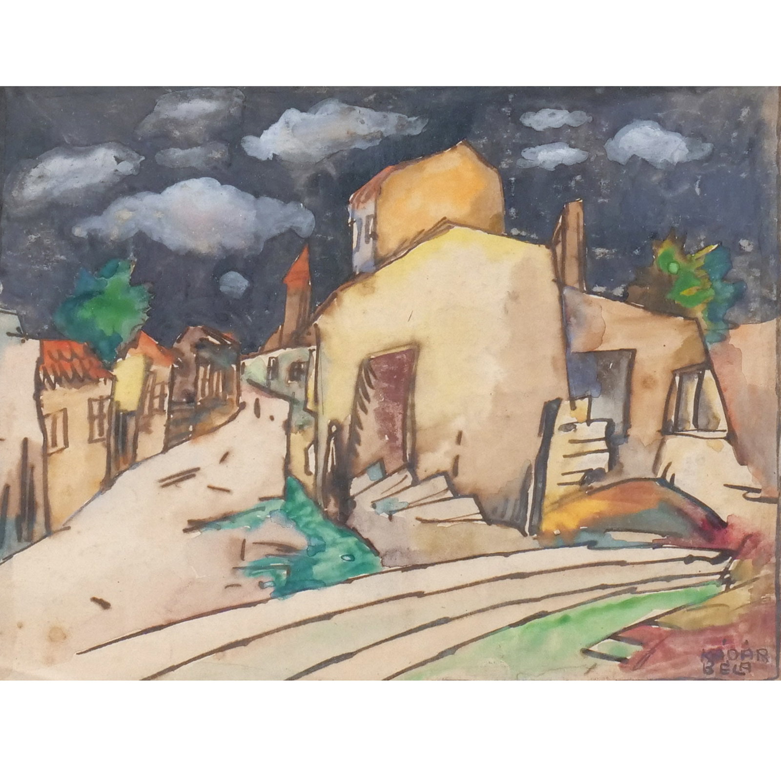 (Attrib.) BELA KADAR (Hungarian, 1877-1956): Village landscape Watercolor on paper h. 7 w. 9-1/4 in. Signed lower right, framed overall: 12-1/2 x 15 in. (framed) [In Situ Item] This item will not be on display in our saleroom during our preview 