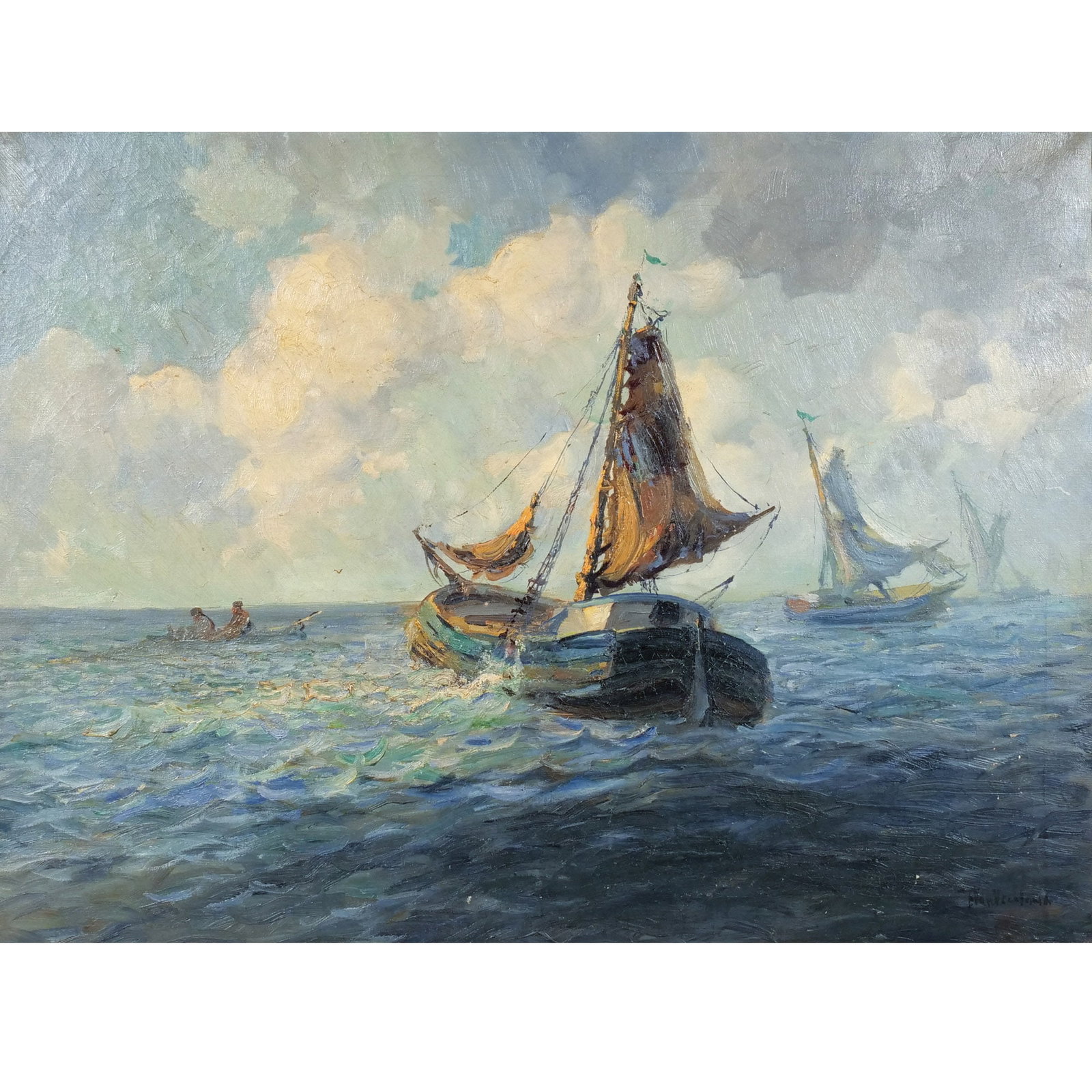 FRANCIS WILLIAM VREELAND (American, 1879-1954): Ships at Sea Oil on canvas h. 25-3/4 w. 34-3/8 in. The artist also known as 'F. Van Vreeland', signed lower right, framed overall: 29-1/2 x 38 in. (framed) Provenance: The estate of Richard and Jean M