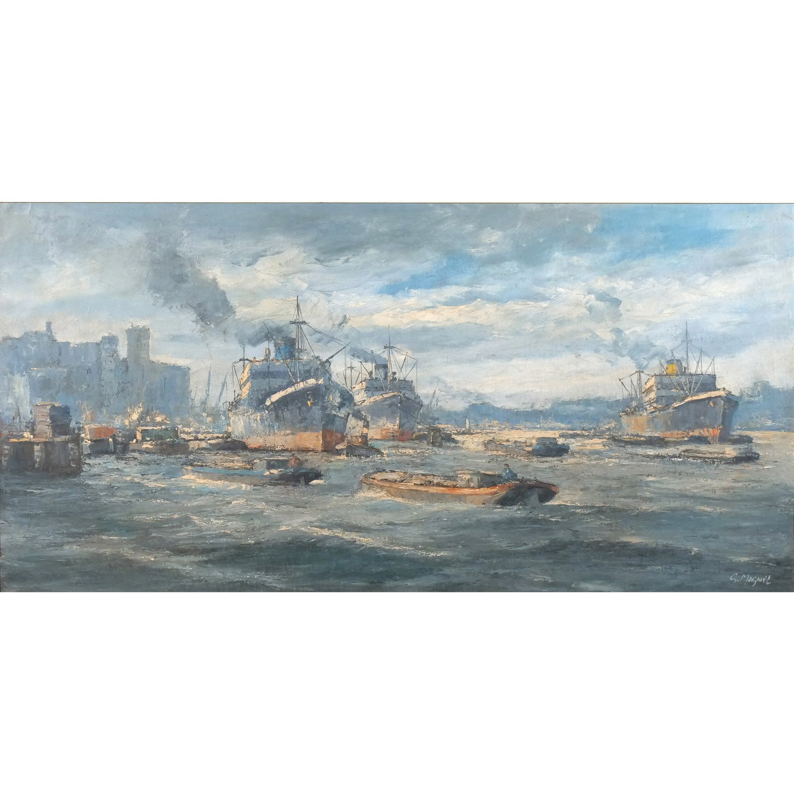 G. MAGNEL, early 20th century: Rotterdam Harbor Oil on canvas h. 24 w. 48 in. Signed 'G. Magnel' lower right, possibly for Gustave Magnel (1889-1955, Belgian engineer) overall: 27-1/2 x 51-1/2 in. (framed) Provenance: The estate of