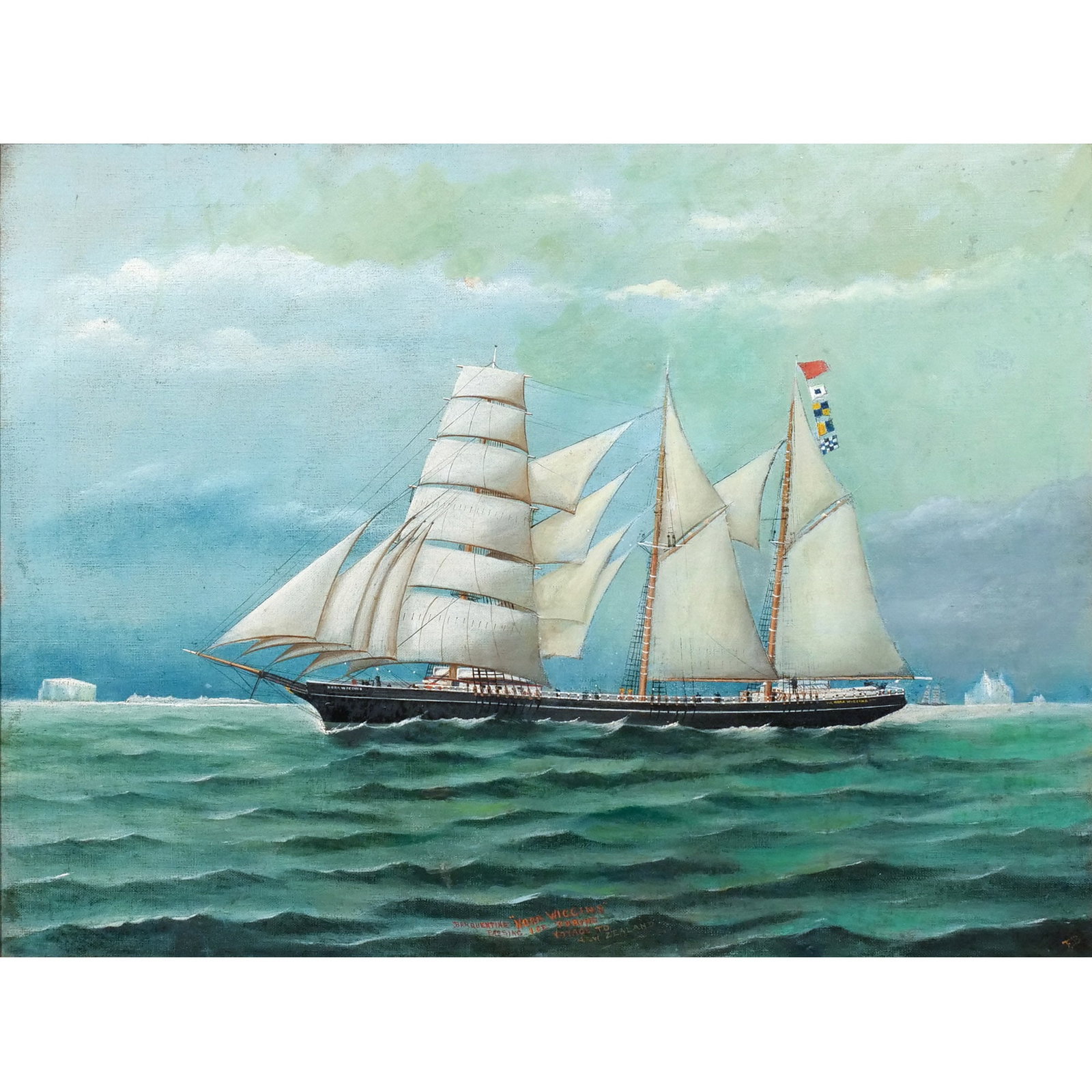 BARQUENTINE 'NORA WIGGINS': On Voyage to New Zealand Oil on canvas h. 18 w. 24 in. 19th century, during a voyage to New Zealand, likely passing through ice, identified lower right overall: 22 x 28 in. (framed) Provenance: Landma