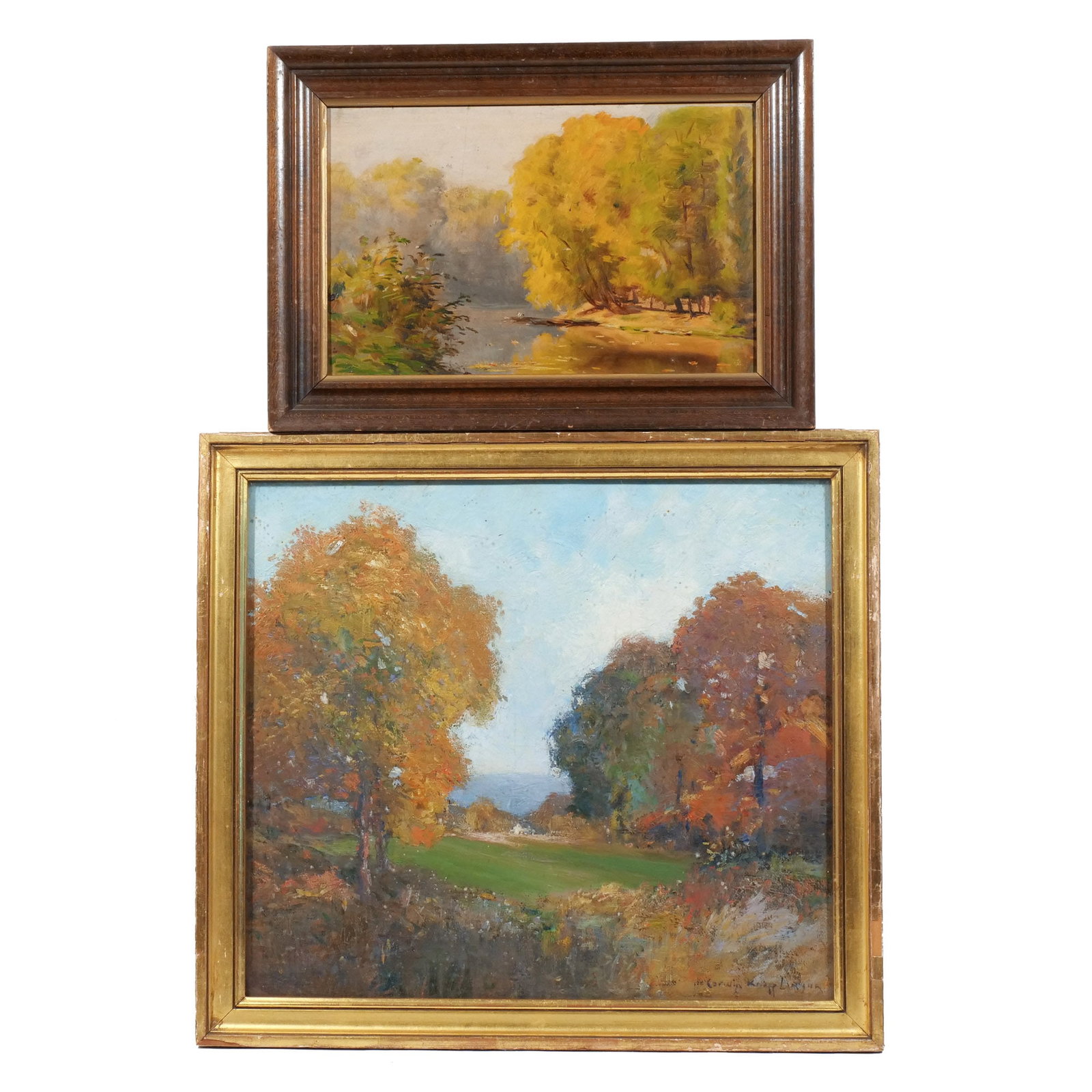 (2pc) CORWIN KNAPP LINSON (American, 1864-1959): Autumn Landscape (and other) Oil on canvas h. 14 w. 16 in. (largest) The autumn landscape signed lower right; the other an attribution with no apparent signature overall: 16 x 17-1/2 in. (largest, fra