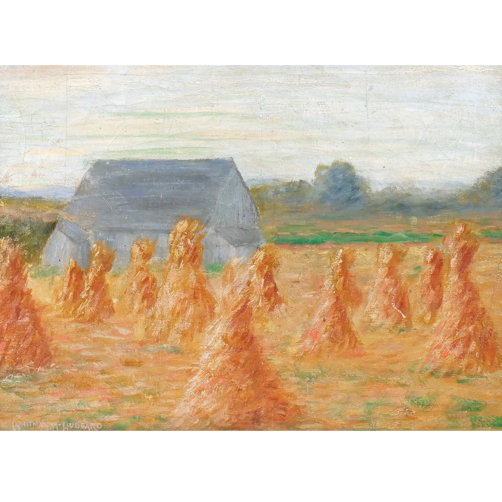 WHITNEY MYRON HUBBARD (American, 1875-1965): Haystacks Oil on canvas h. 12-3/4 w. 15-5/8 in. Signed lower left, framed overall: 19 x 22-1/2 in. (framed) Provenance: Private collection, Bernardsville, NJ [In Situ Item] This item will not be on di
