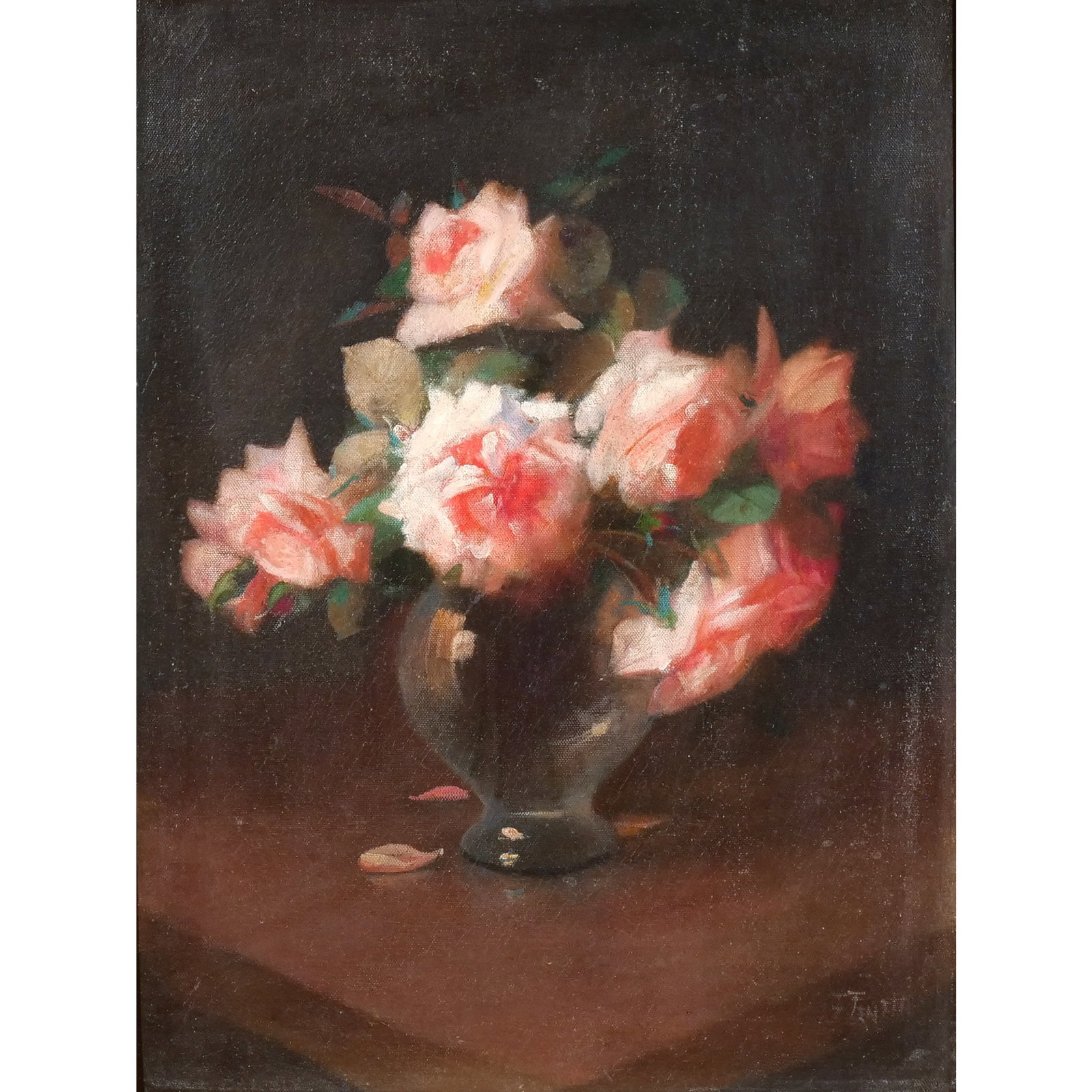 FREDERICK FENETTY (Canadian/American, 1854-1915): Still-Life Roses in Glass Vase Oil on canvas h. 24 w. 18 in. Signed lower right overall: 30 x 24 in. (framed) Provenance: Descent through a prominent Greenwich, CT doctor's estate [In Situ Item] This 