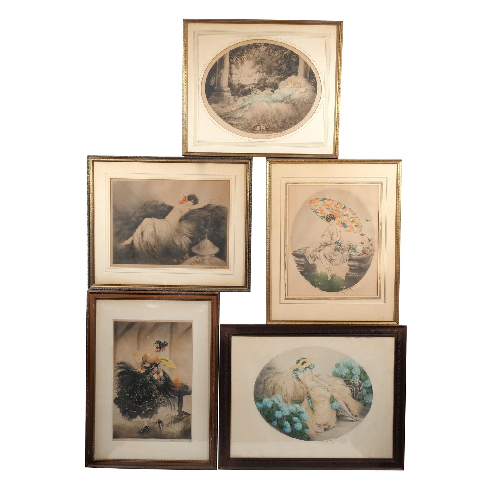 (5pc) LOUIS ICART (French, 1888-1950): Five printed works Etching & Aquatint h. 15-1/2 w. 20-1/4 in. (largest) Including 'Carmen', signed lower right, artist's blindstamp lower left; 'Sleeping Beauty', published by Les Artistes Modernes, P