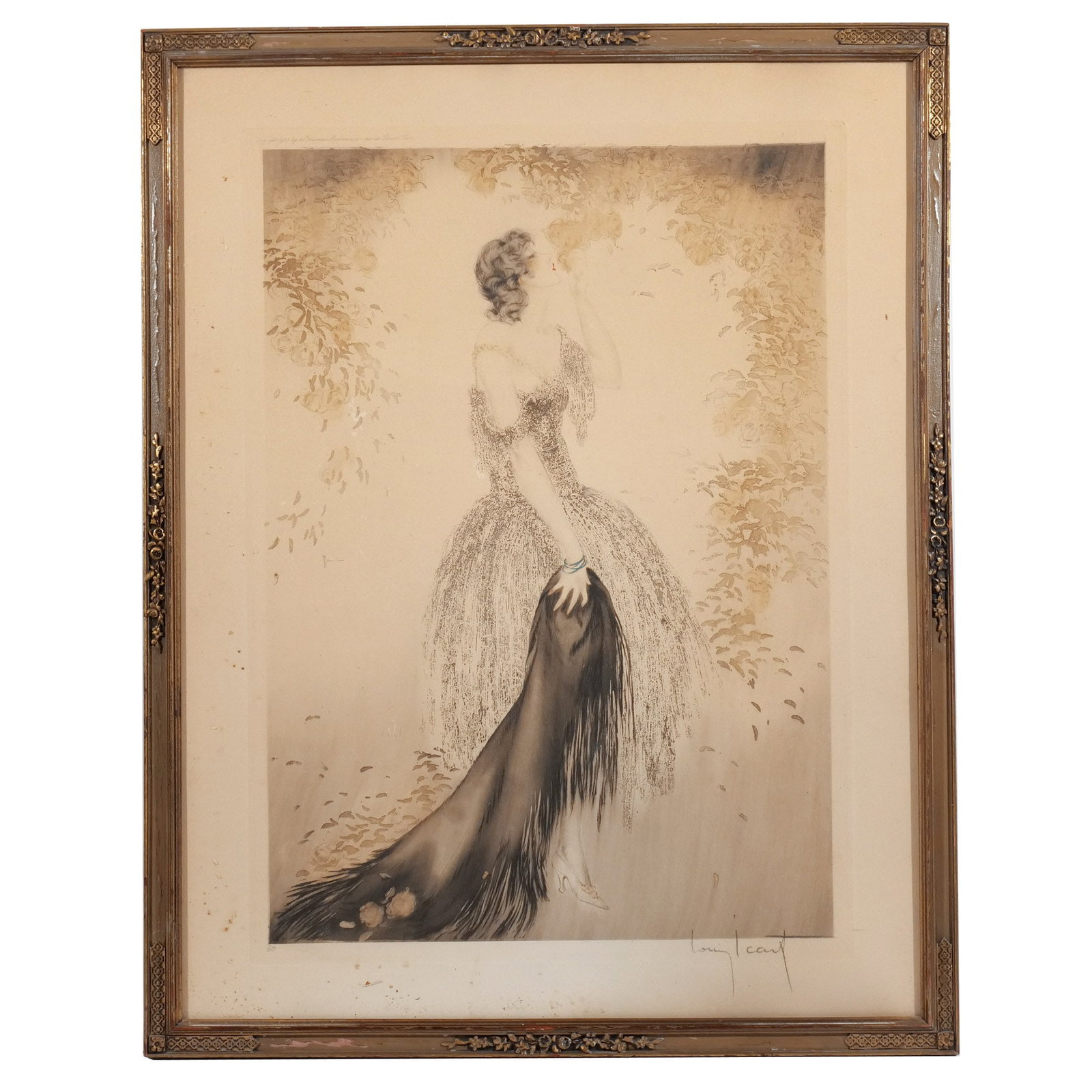 LOUIS ICART (French, 1888-1950): Black Shawl Etching & Aquatint h. 17 w. 12-1/2 in. Published by Les Graveurs Modernes, Paris, 1925; numbered 60 lower left, signed in pencil lower right, framed overall: 21-1/2 x 16-3/4 in. (framed)
