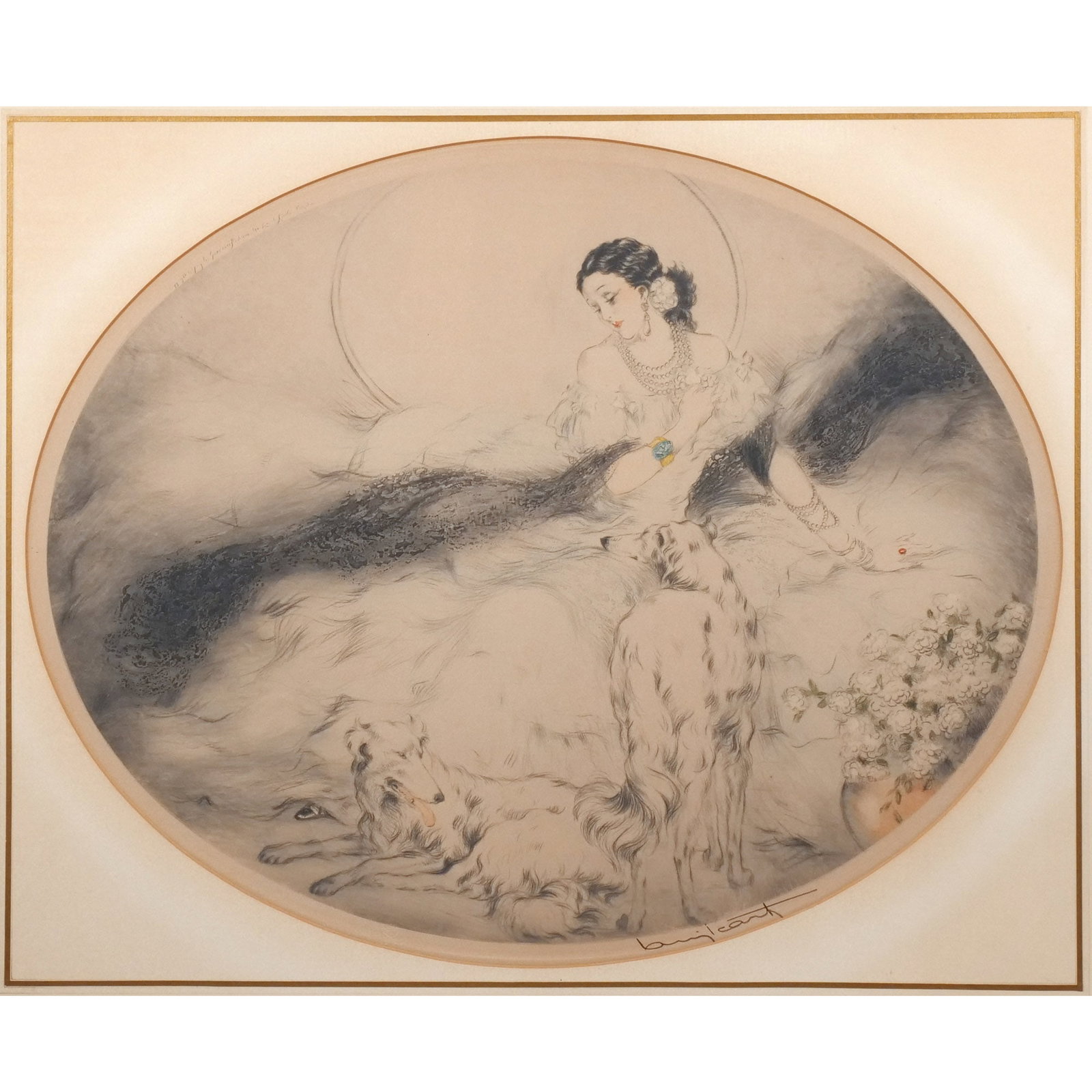 LOUIS ICART (French, 1888-1950): La Dame aux Camelias Etching in colors h. 17 w. 21 in. Published by Les Graveurs Modernes, Paris, 1927; signed in pencil lower right, framed overall: 25 x 28 in. (framed) Provenance: The estate of