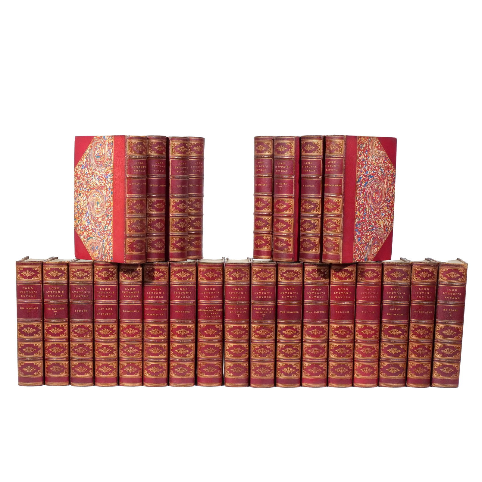 (25vol) LORD LYTTON'S NOVELS: Bulwer-Lytton, Edward (1803-1873). Novels. London: George Routledge and Sons, 1878, 8vo, bound in 3/4 red morocco, with marbled boards h. 8-1/2 d. 6 in. (each) Provenance: Consigned by a gentlewoman