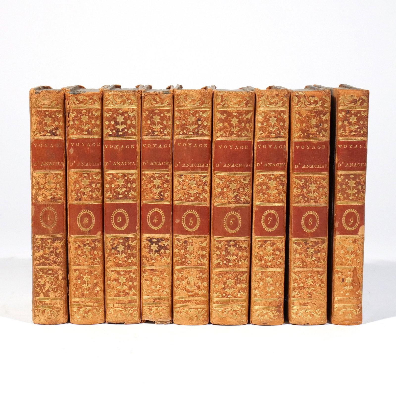 (9vol) BARTHELEMY, JEAN-JACQUES (1716-1795): Voyage du Jeune Anacharsis en Grece. Paris, 1793. 12mo, in contemporary gilt stamped leather with marbled boards h. 6-1/8 w. 8-1/2 in. (entire set) d. 4 in. Provenance: The estate of a noted architect