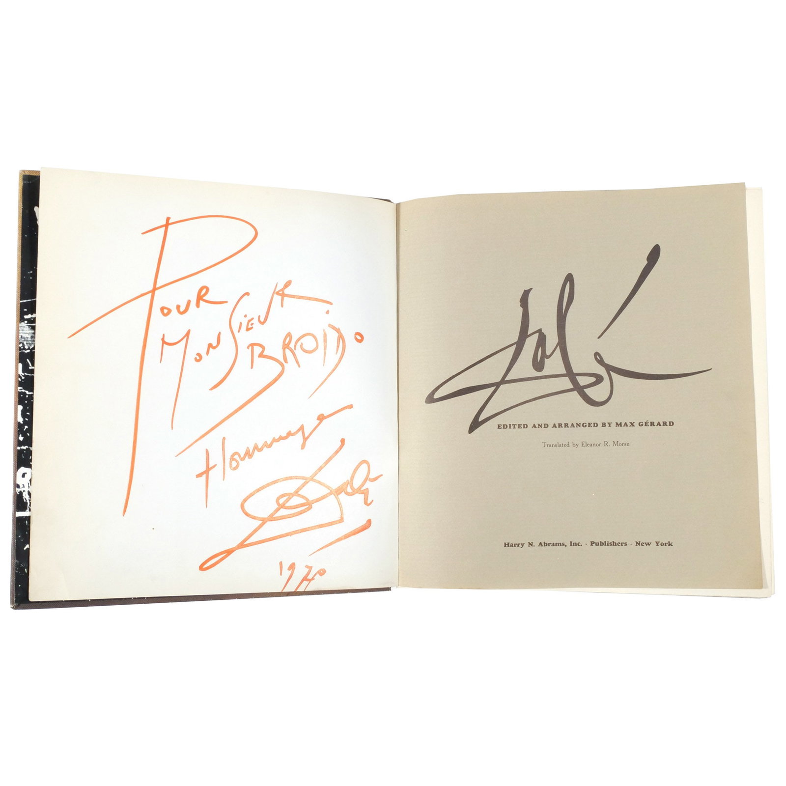 SIGNED & INSCRIBED DALI MONOGRAPH: Dali. Edited and Arranged by Max Gerard, Translated by Eleanor R. Morse. New York: Harry Abrams, 1968, first English edition, boldly signed and inscribed by Dali in red marker opposite title, "Pour Mo