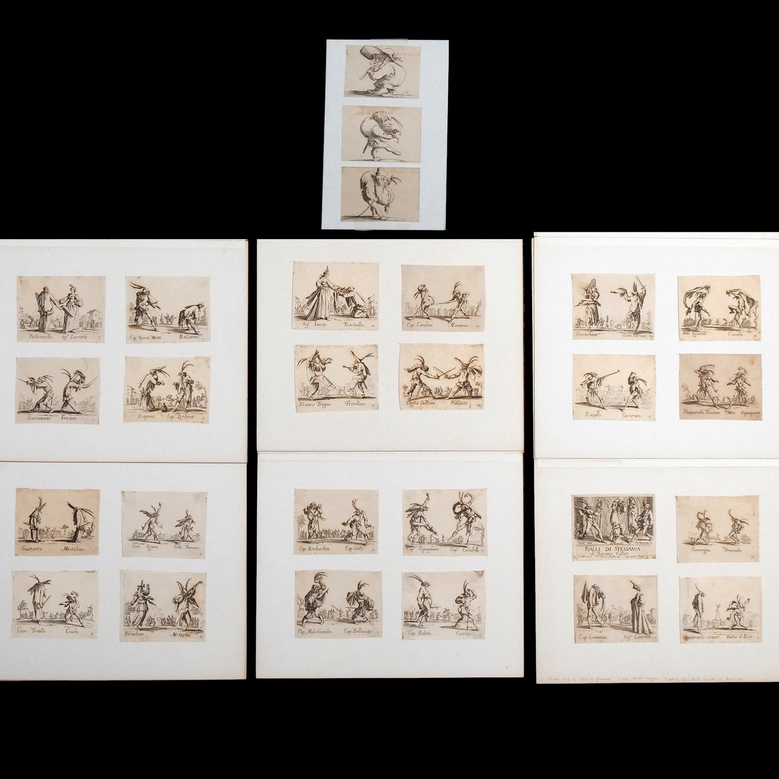 (27pc) JACQUES CALLOT (1592-1635): Including 24 (of 24) etchings from Balli Di Sfessania (theatre figures), 1621, second or third state of three (with the addition of numbers), matted in 6 groups of 4. Literature: Lieure 379-402; plus 