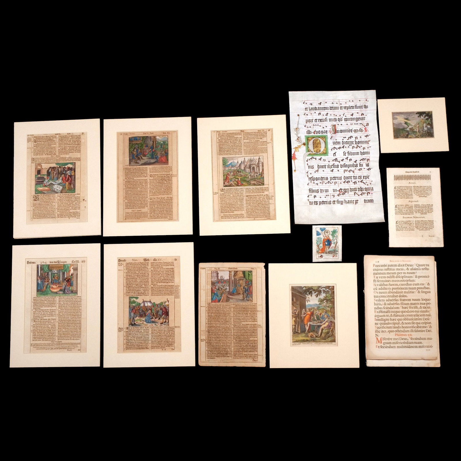(12pc) GROUP of MISC. COLORED ENGRAVINGS: Including 5 colored engraved leaves from a German Bible, likely a 16th century translation of Martin Luther, all matted; 1 double-sided antiphonal leaf on vellum with historiated initial; 3 misc. colo