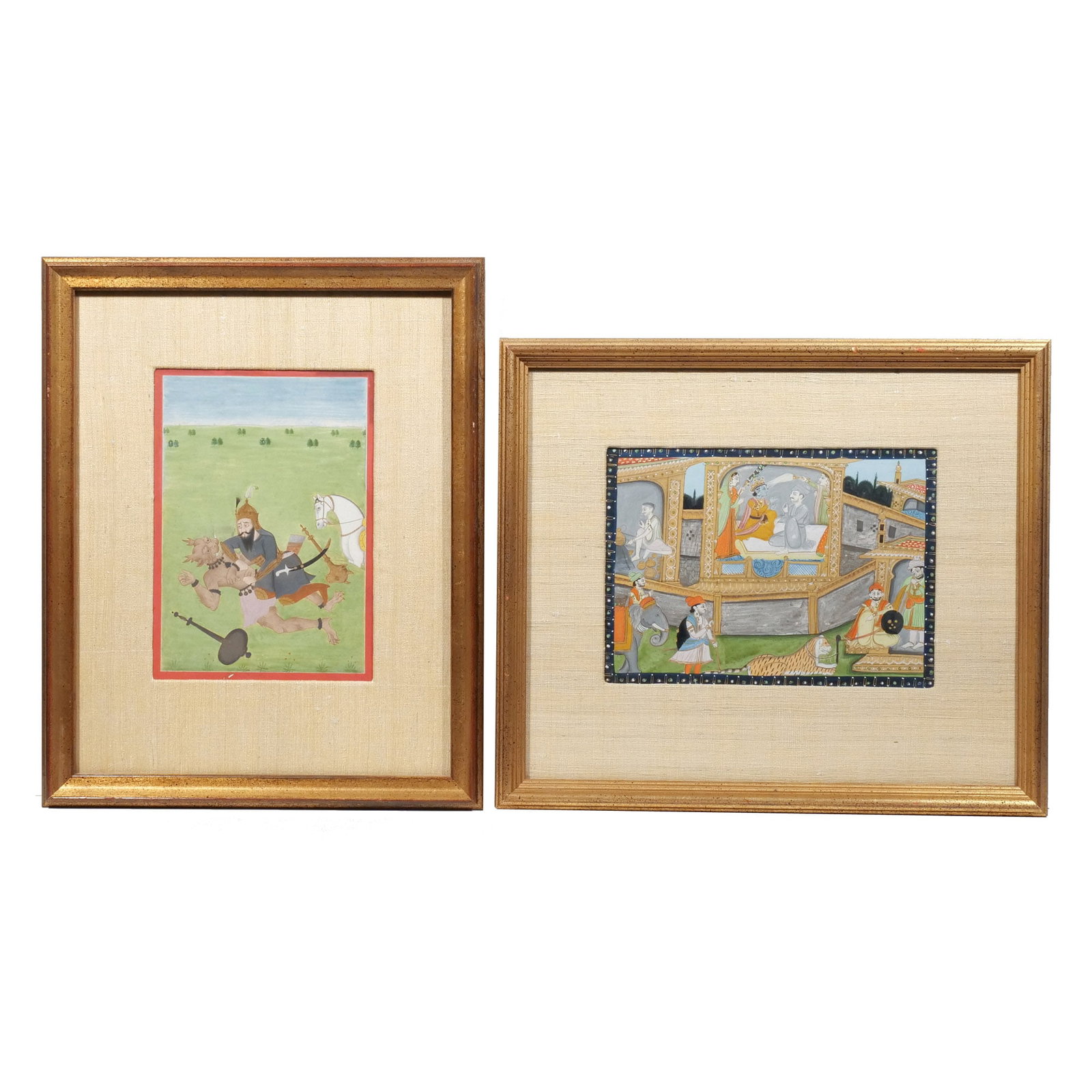 (2pc) INDIAN MANUSCRIPT ILLUSTRATIONS: East India, 19th century, including one showing Rustam fighting 'Deo', 9 x 6-1/2 in. (sight); and a Kangra school manuscript depicting a scene from the Sudama Charitra, 6-3/4 x 9-1/2 in. (sight);