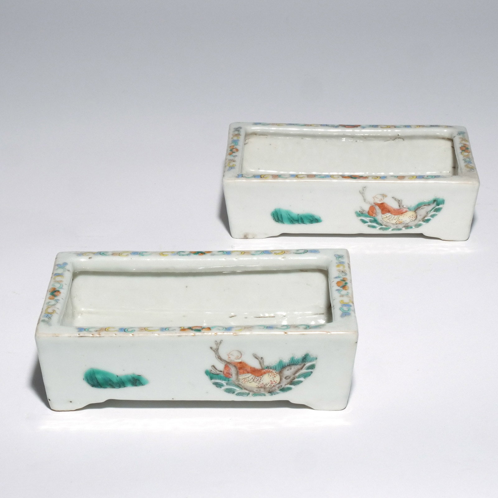 PAIR CHINESE FAMILLE ROSE PORCELAIN PLANTERS: Early 20th century, with apocryphal stamped Yongzheng reign marks h. 1-3/4 w. 3-3/4 d. 5-7/8 in. Provenance: The estate of Richard and Jean M. Bergstresser, owner of the Laurence McGuire House,