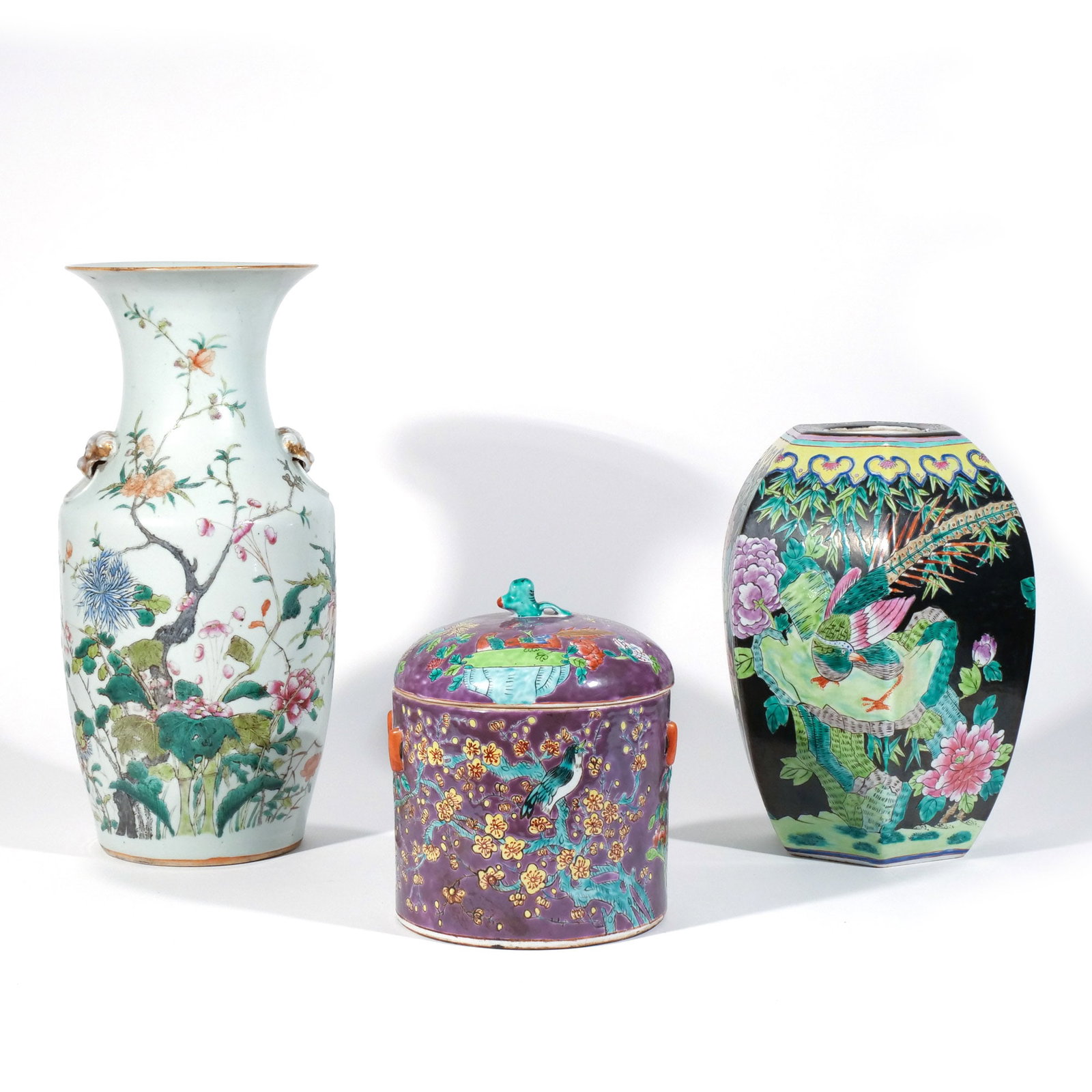 (3pc) CHINESE PORCELAIN VASES & BOX: Including a 19th century famille rose baluster vase, a 20th century black-ground jar, and a 20th century purple-ground box h. 17 in. dia. 8 in. (largest) Provenance: Private collection, Mount Kisco,