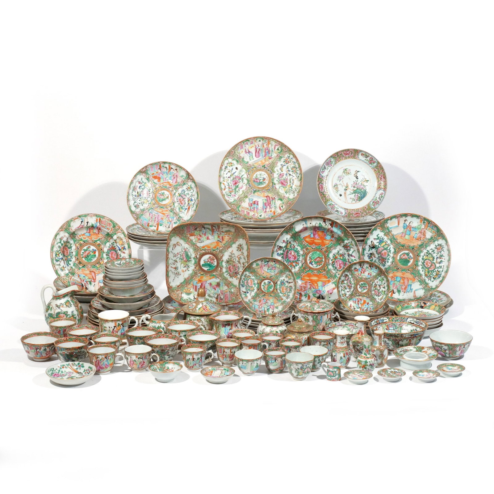 (116pc) COLLECTION OF ROSE MEDALLION CHINA: 19th and 20th centuries, a large collection of Chinese export rose medallion porcelain articles including an 11-inch plate and numerous other plates of miscellaneous sizes and designs, as well as bowl