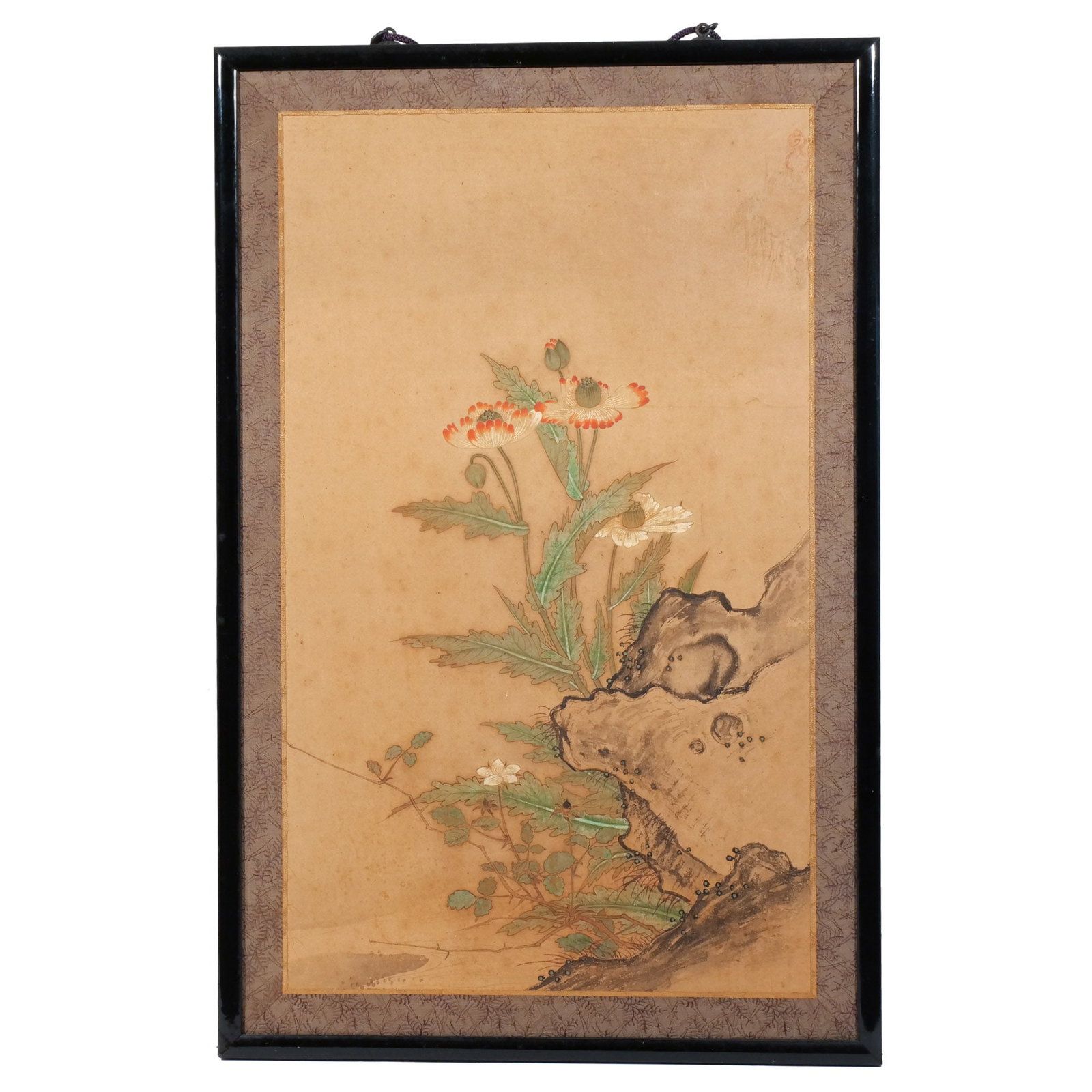 CHINESE or JAPANESE PAINTED SCROLL: 19th century or earlier, depicting flowers and a rocky outcropping, with faded double-gourd seal at upper right h. 20-7/8 w. 12-1/2 in. overall: 24-1/2 x 16 in. (framed) Provenance: The estate of