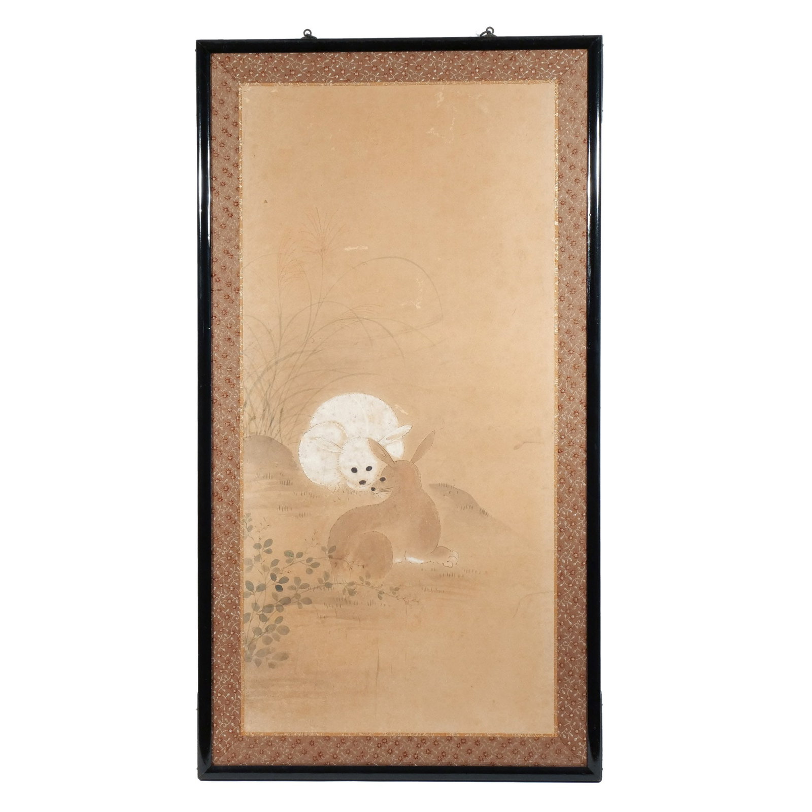 CHINESE or JAPANESE PAINTED SCROLL: 19th century or earlier, depicting a pair of hares h. 28 w. 13-1/2 in. overall: 32-1/2 x 17-5/8 in. (framed) Provenance: The estate of Richard and Jean M. Bergstresser, owner of the Laurence McGuire