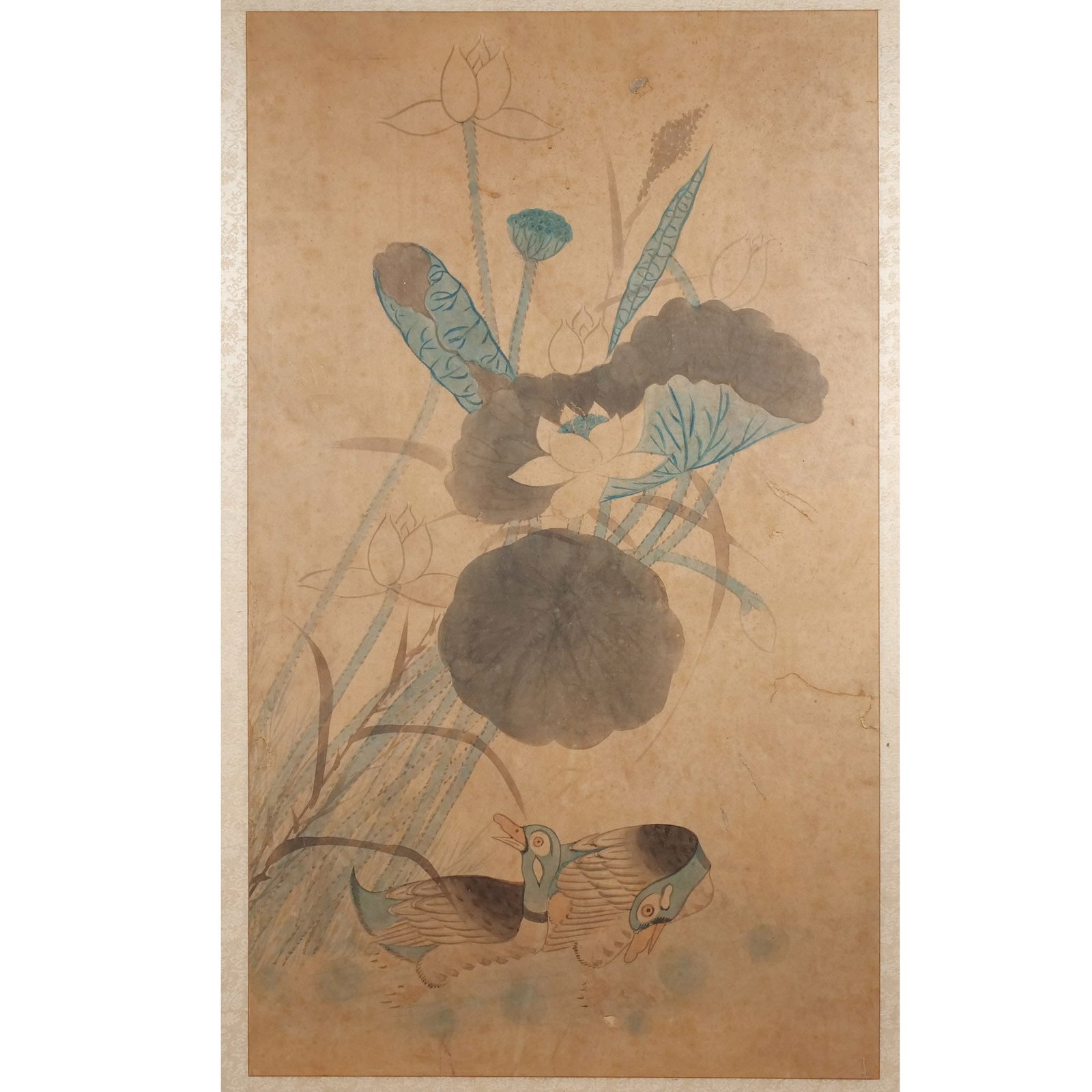 JAPANESE SCROLL OF LOTUS AND MANDARIN: 19th century, no apparent signature, mounted on a scroll and framed h. 32 w. 19 in. overall: 43 x 24-3/4 in. (framed) Provenance: The estate of Richard and Jean M. Bergstresser, owner of the Laurence