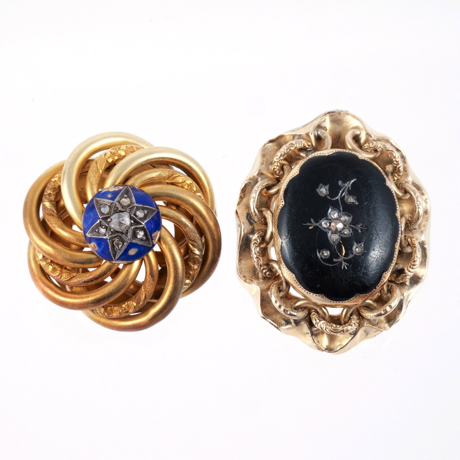 (2pc) ANTIQUE 14K GOLD PINS: Including one pin designed as an interwoven knot of chased and polished gold centering a blue enamel plaque with diamonds, with French assay mark; and one pin with a floral spray with melee diamonds s