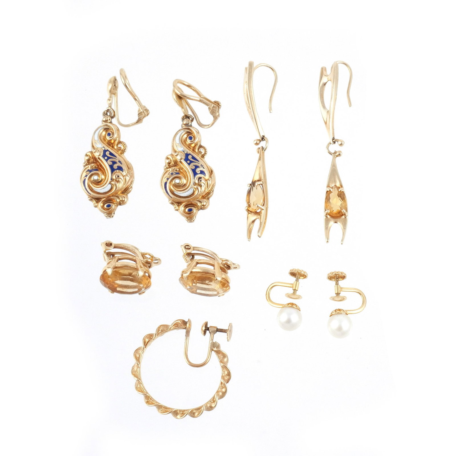 (9pc) MISC. 14K GOLD EARRINGS: Including two pairs mounted with citrines, a pair of blue and white enamel ear clips, a pair of pearl screw-back ear clips, and a single rope-form hoop ear clip, 24 g total weight h. 2 in. (longest) P