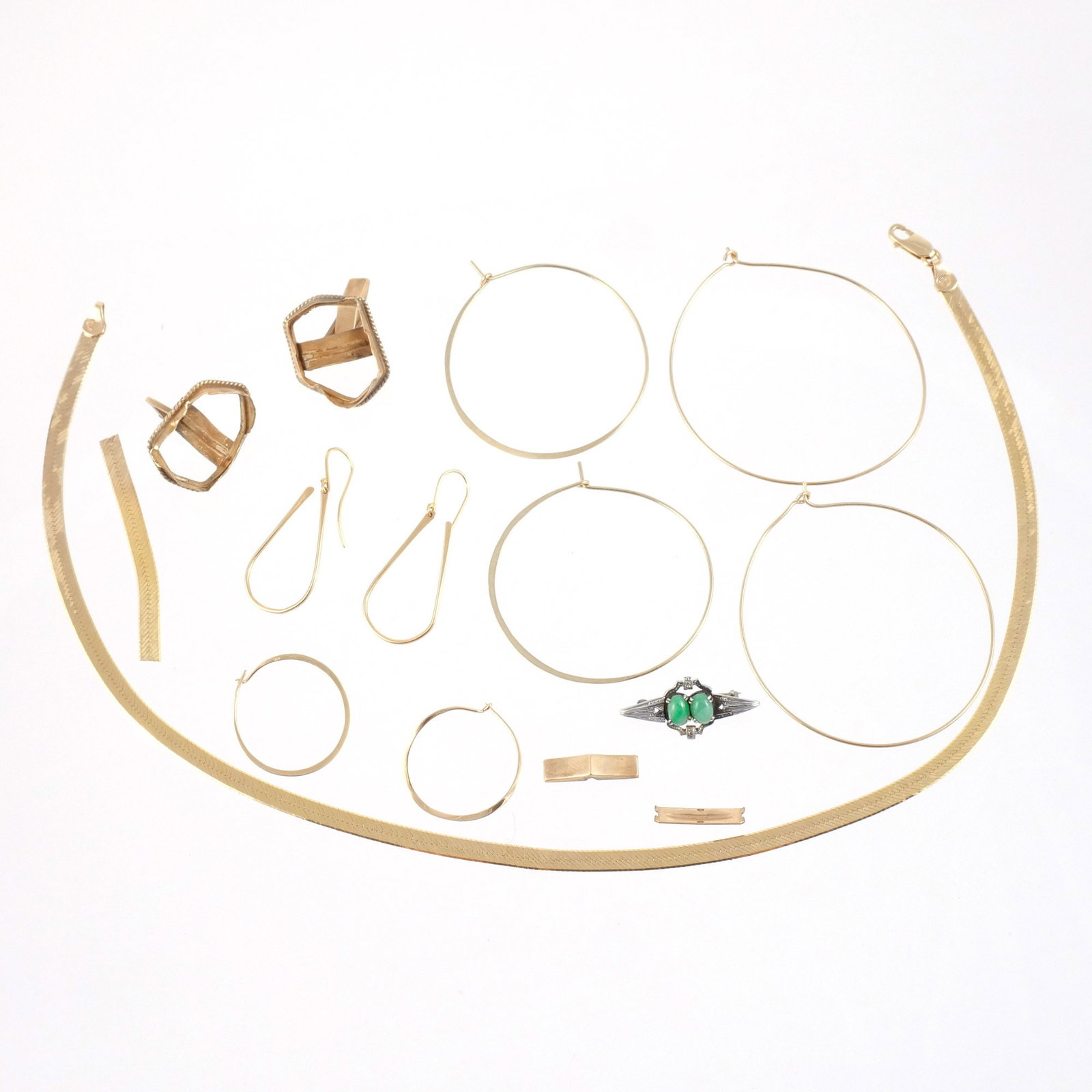 (13pc) MISC. 14K GOLD SCRAP: Including 6 gold hoop earrings, a pair of drop hoop earrings, a herringbone chain, a pair of cufflink mounts, a herringbone chain fragment, 27.8 g total weight; plus a platinum pin with green stones, 