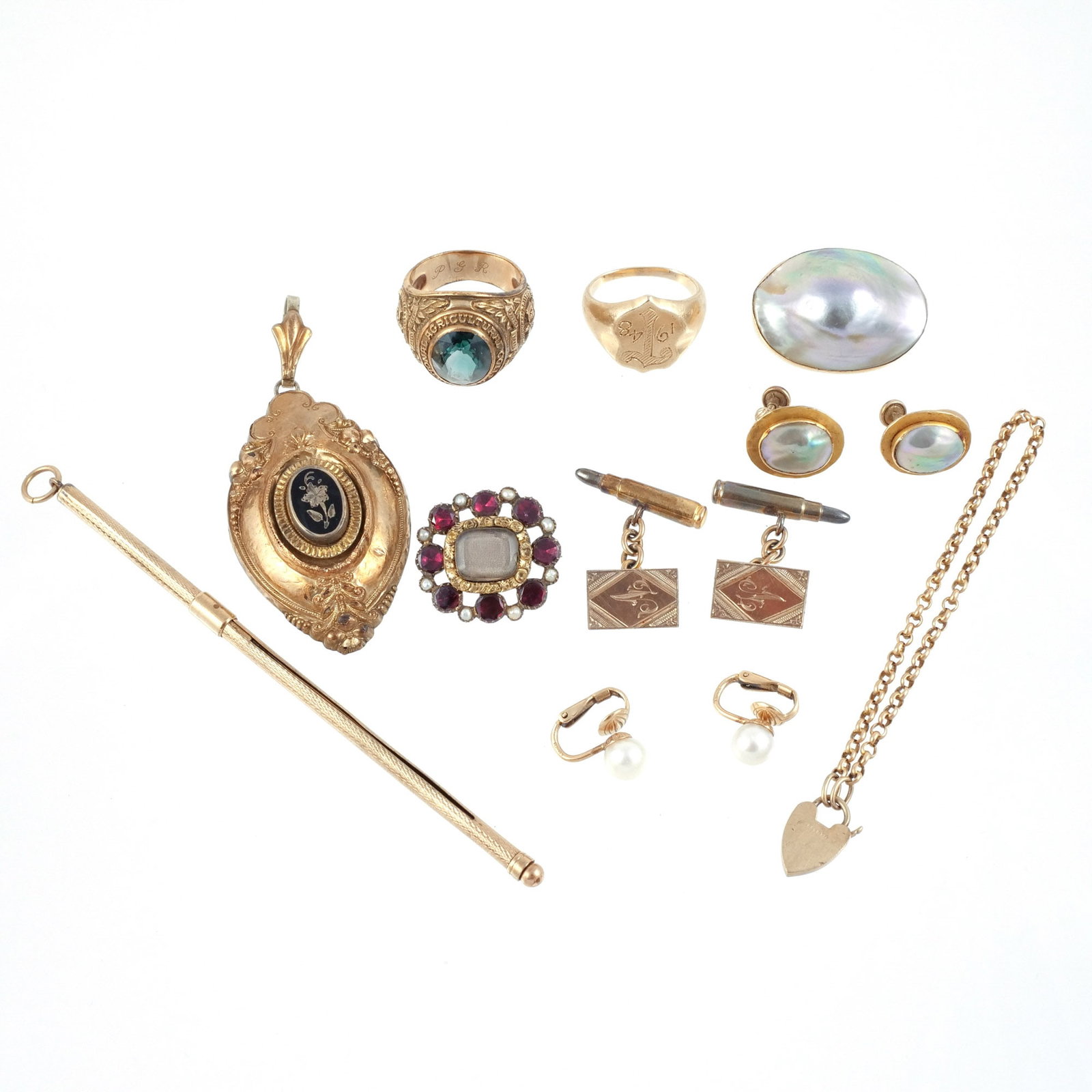 (13pc) MISC. 9K and 10K GOLD JEWELRY: Including a pair of 9k gold monogrammed cufflinks, a pair of 10k gold pearl ear clips, a pair of 10k gold mother-of-pearl screw-back ear clips, a 9k gold Victorian pendant, a 10k gold mother-of-pearl 