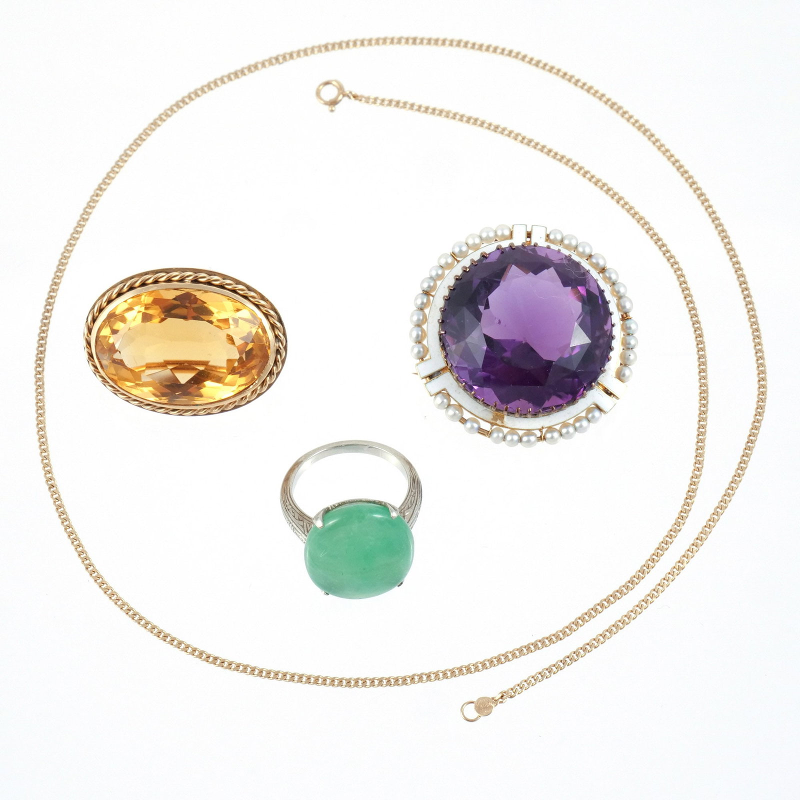 (4pc) COLORED GEMSTONE JEWELRY: Including an approx. 38-carat round-cut amethyst pin with enamel and seed pearl surround set in 14k gold; an approx. 21-carat citrine pin with 14k gold rope-form surround; and a ring with an oval cut 
