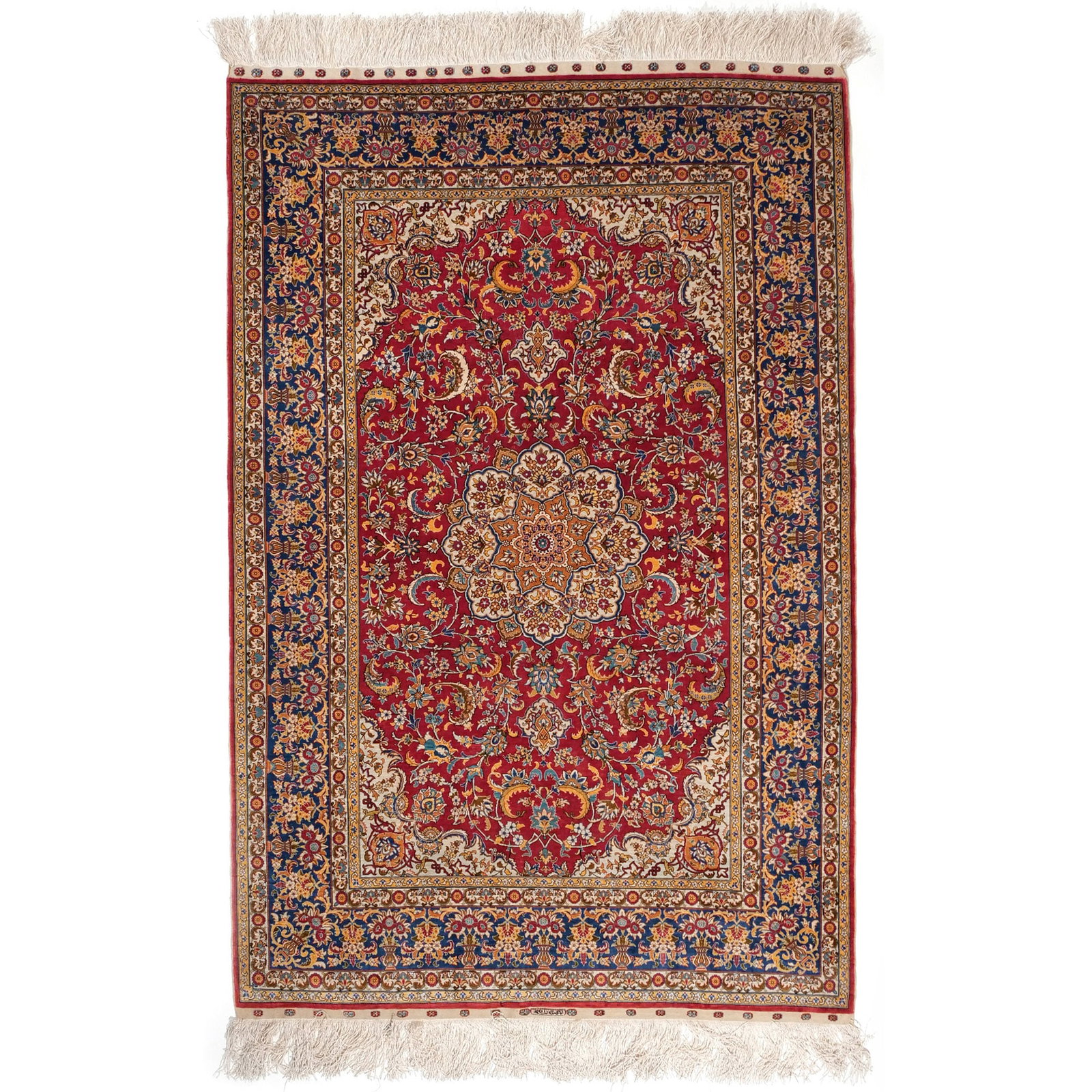 HEREKE SILK RUG: Mid 20th century, with a central medallion on a red field, signed in the fringe h. 6 ft. 9 in. w. 4 ft. 1 in. Provenance: Descent through a prominent Eastchester, NY estate