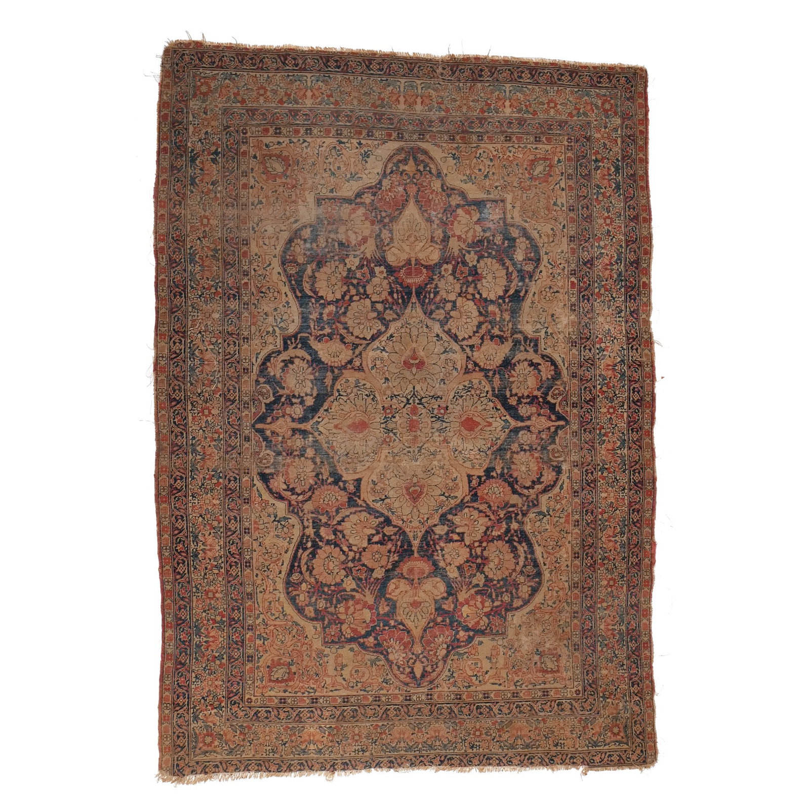 ANTIQUE PERSIAN LAVAR KERMAN RUG: Late 19th century, with floral medallion h. 6 ft. 5 in. w. 4 ft. 6 in. Provenance: The estate of Richard and Jean M. Bergstresser, owner of the Laurence McGuire House, historic landmark, Greenwich, CT