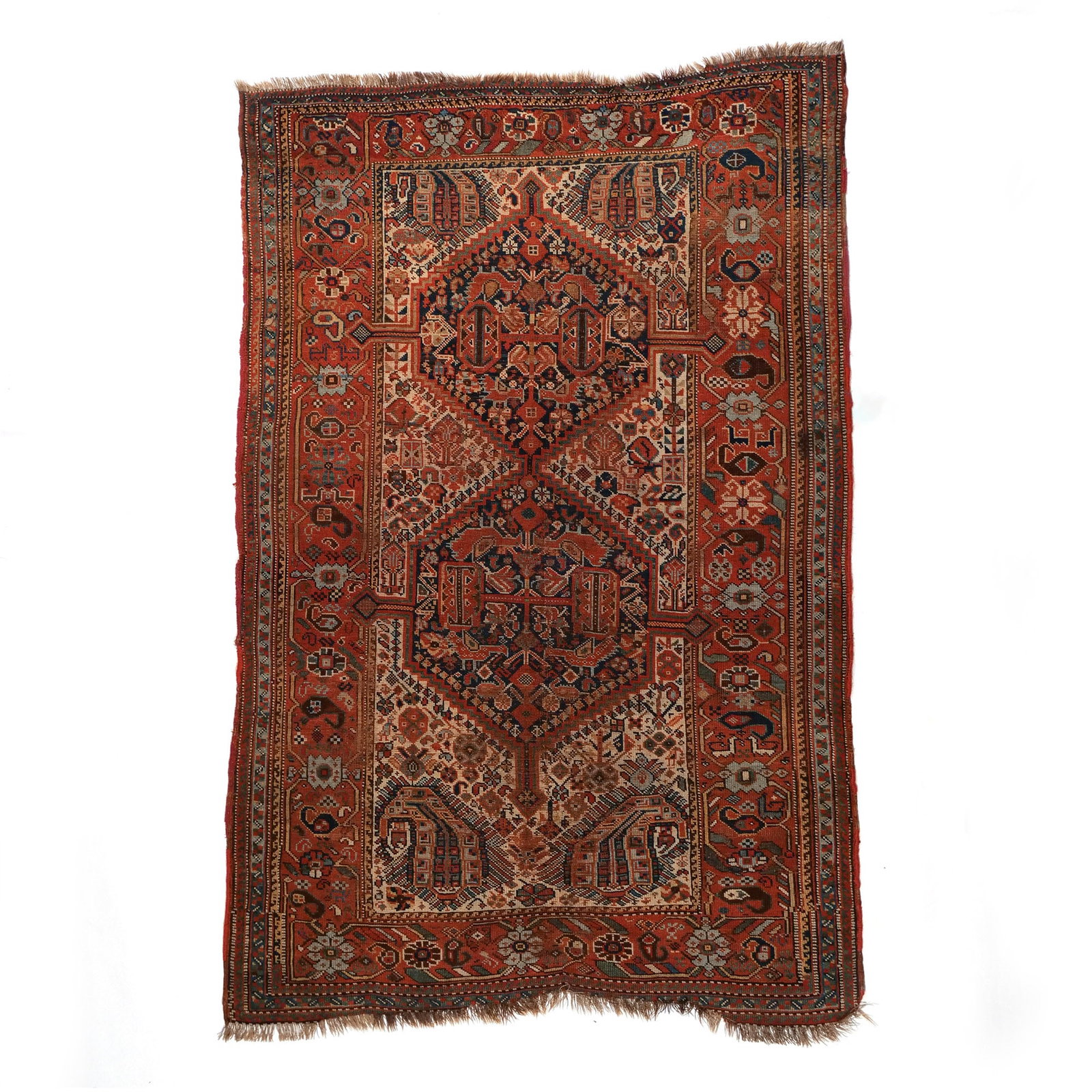 KHAMSEH BIRD RUG: Persia, late 19th century, with two serrated medallions on a white ground surrounded by red borders, with 'bird' figured throughout h. 5 ft. 11 in. w. 4 ft. Provenance: Private collection,