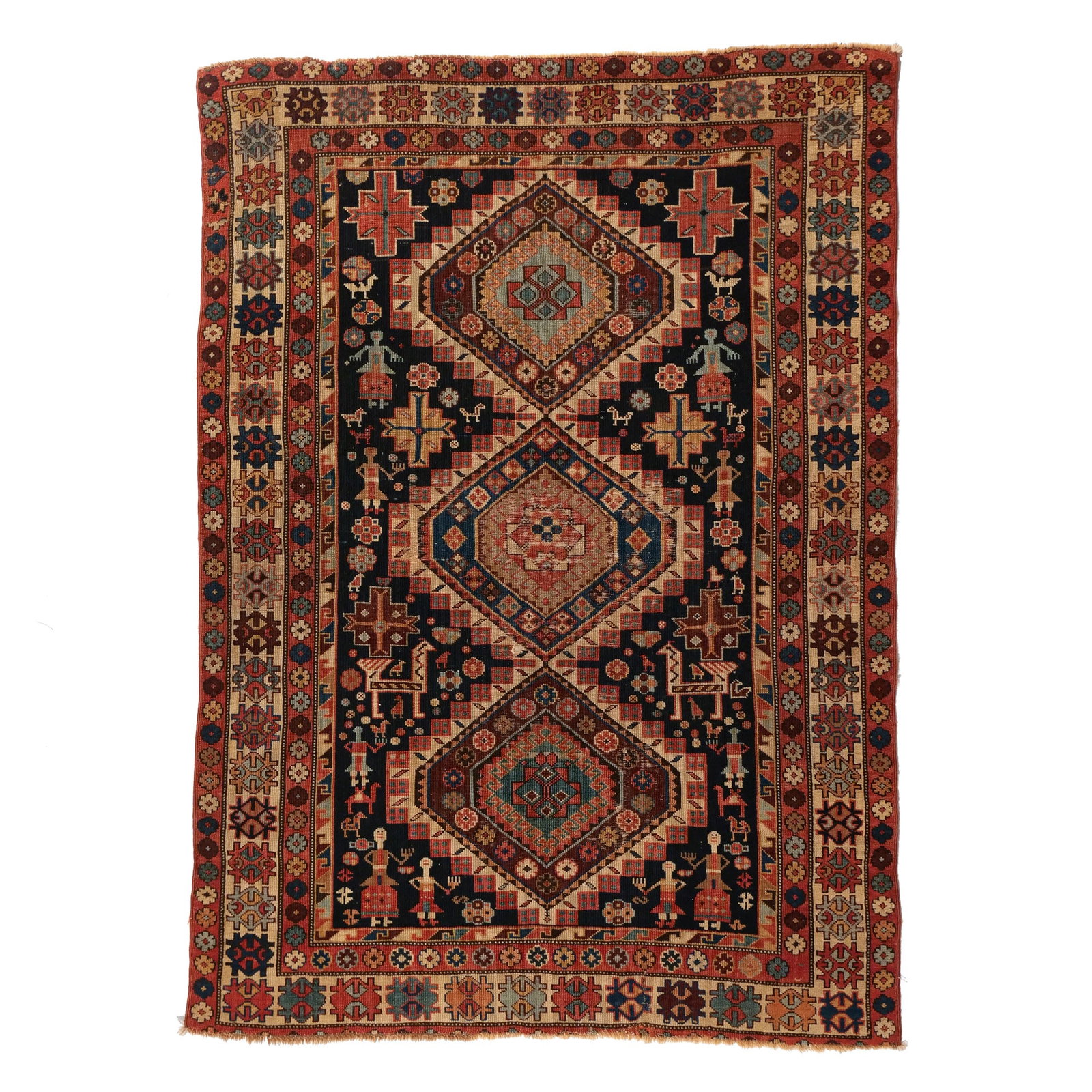 SHIRVAN RUG: Late 19th century, with three stepped medallions on an indigo ground filled with human and animal figures, surrounded by white borders with multicolored guls h. 5 ft. w. 3 ft. 8 in. Provenance: