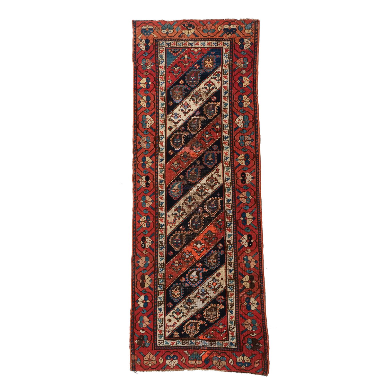 CAUCASIAN / GENDJE LONG RUG: Late 19th century, with diagonal bands of boteh in various colors surrounded by red meander-vine borders h. 7 ft. 3 in. w. 2 ft. 11 in. Provenance: Private collection, Bernardsville, NJ